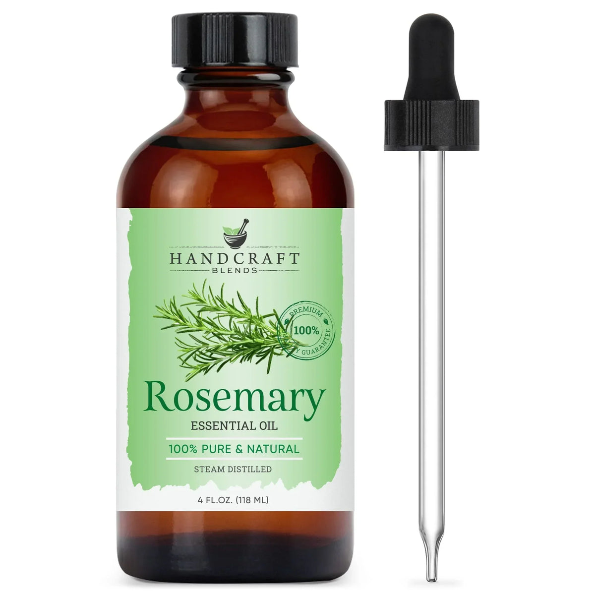 Rosemary essential oil bottle with dropper, 4oz, for aromatherapy and wellness.