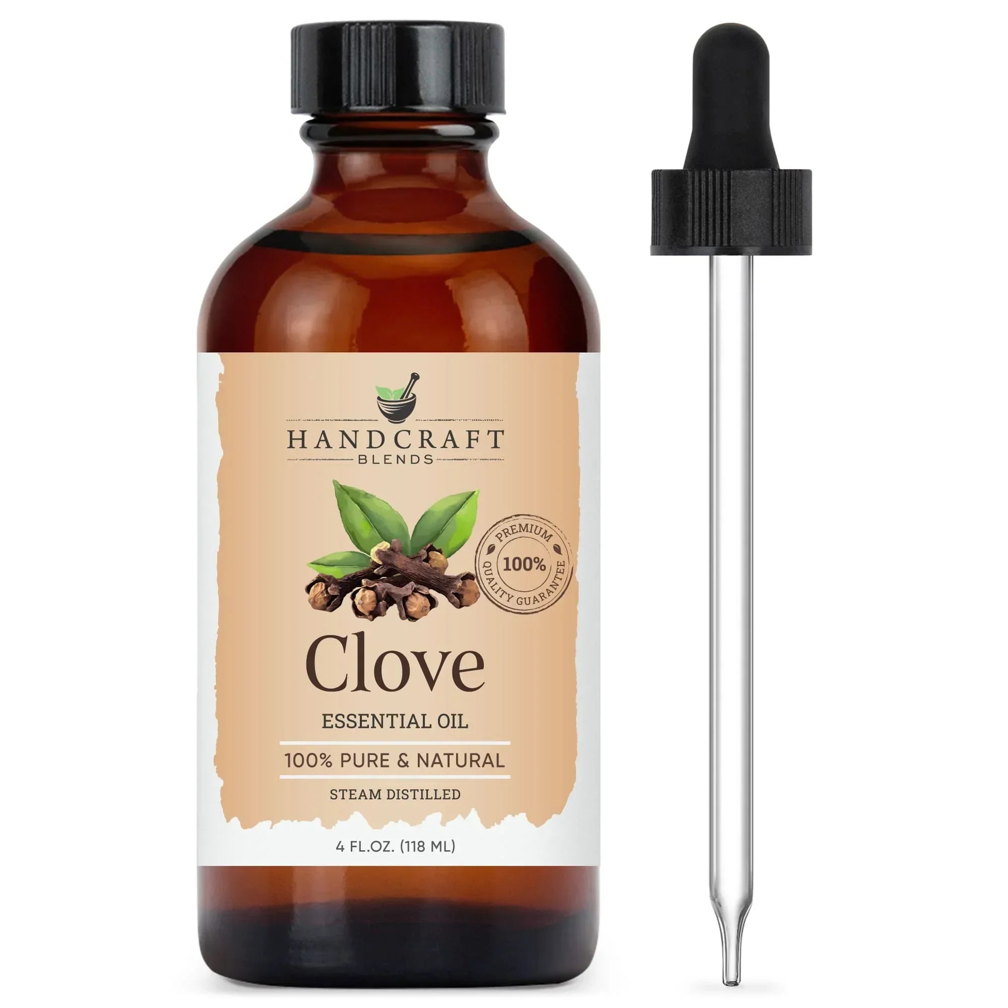 Amber bottle labeled clove essential oil with dropper, 100% pure natural steam distilled