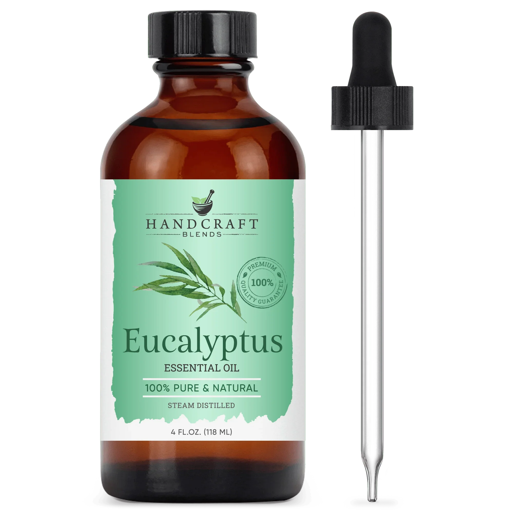 Eucalyptus essential oil 4oz amber bottle with dropper, labeled 100% pure and natural.
