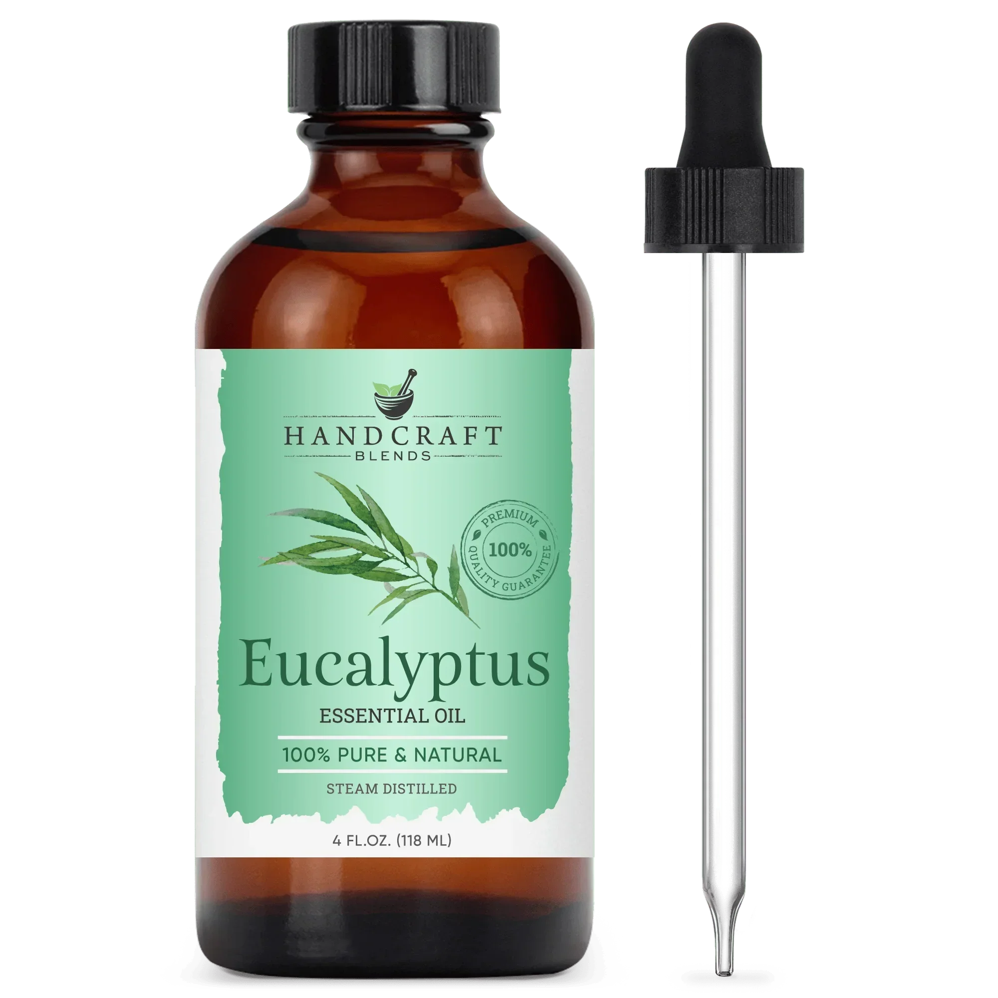 Eucalyptus essential oil 4oz amber bottle with dropper, labeled 100% pure and natural.