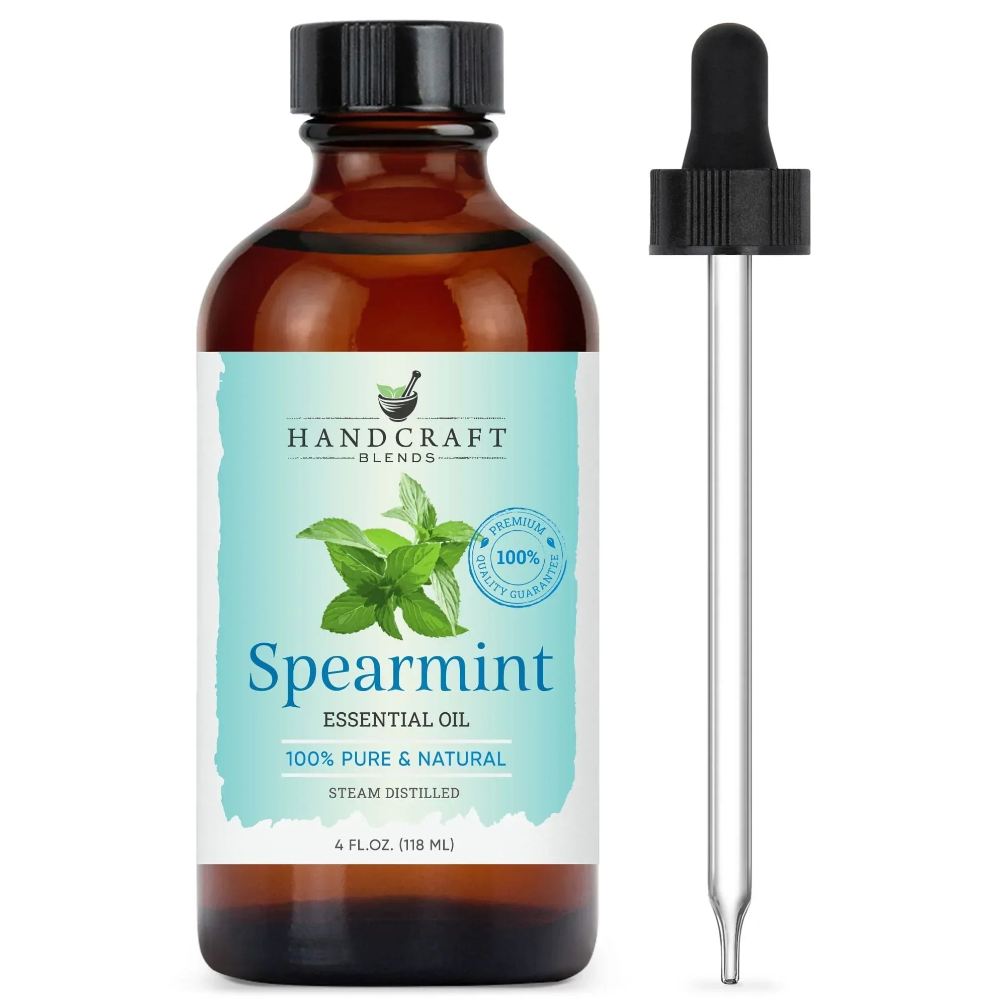 Spearmint essential oil 4oz brown glass bottle with dropper, mint leaf label
