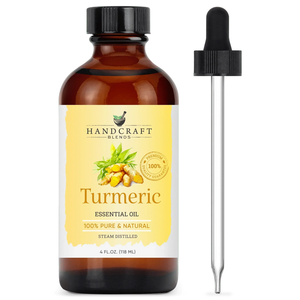 Turmeric essential oil 4 oz amber bottle with dropper, pure natural steam distilled