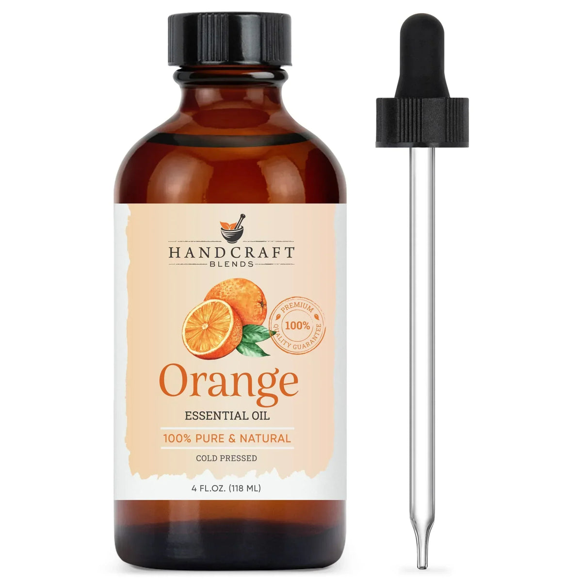 Amber bottle of orange essential oil with dropper, cold pressed and labeled 100% pure natural.