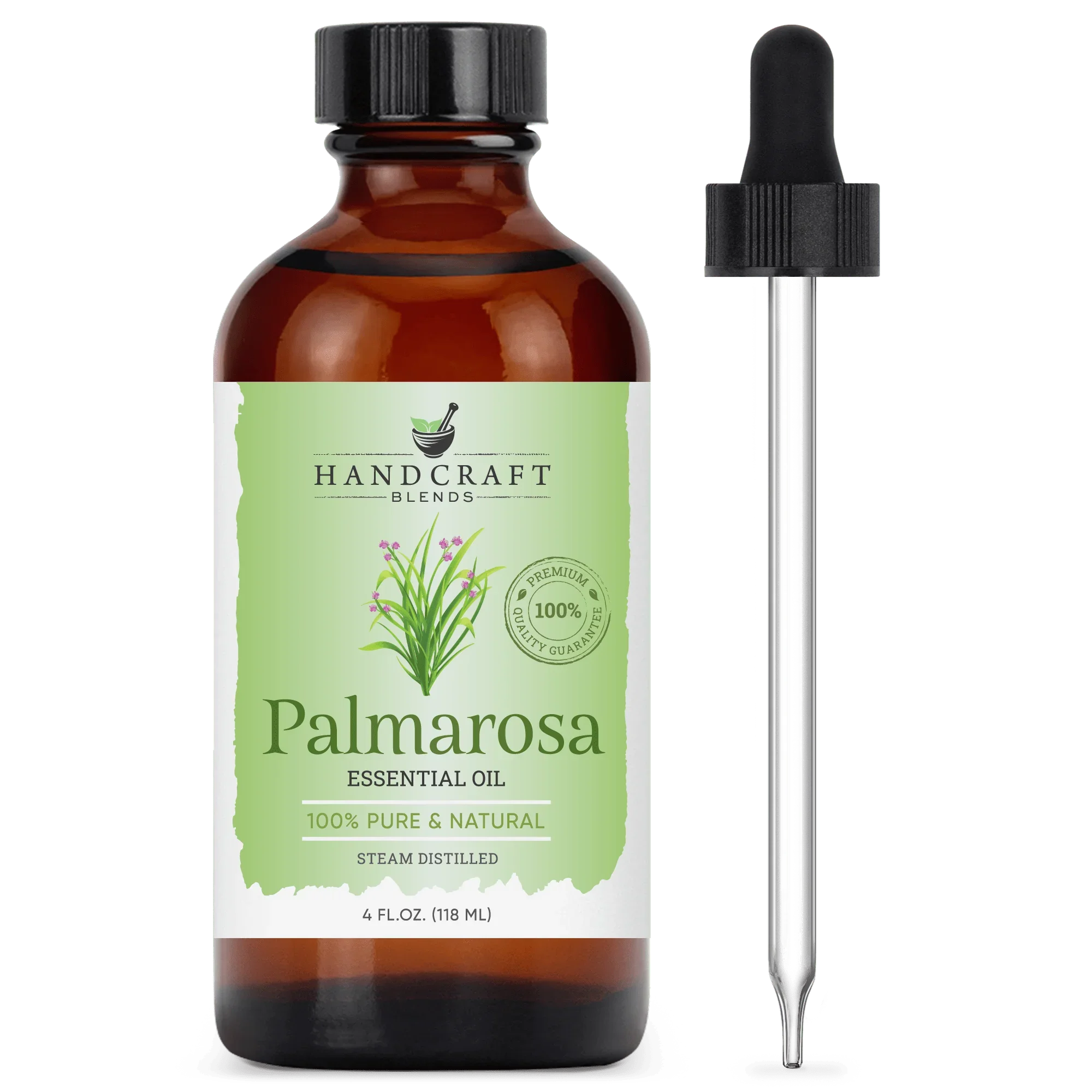 Palmarosa essential oil 4oz amber bottle with dropper, 100% pure and natural, steam distilled