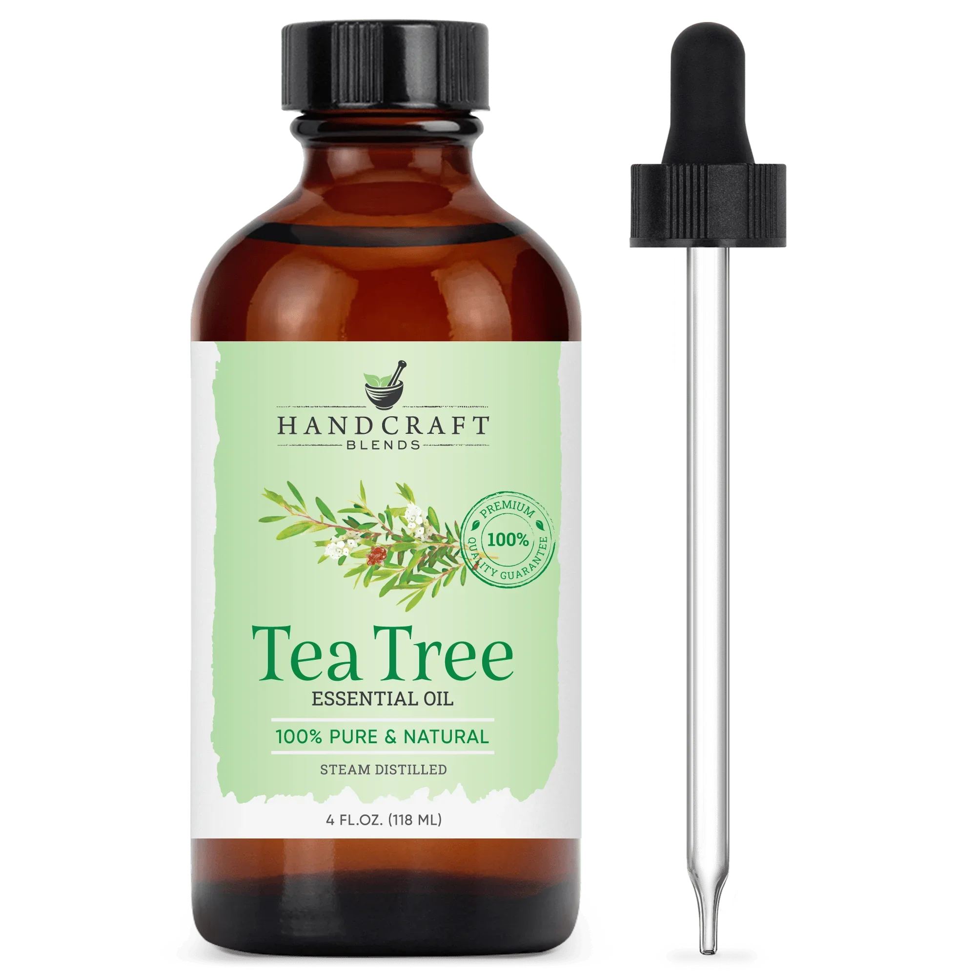 Tea Tree essential oil bottle with glass dropper, 4oz, 100% pure natural for aromatherapy.