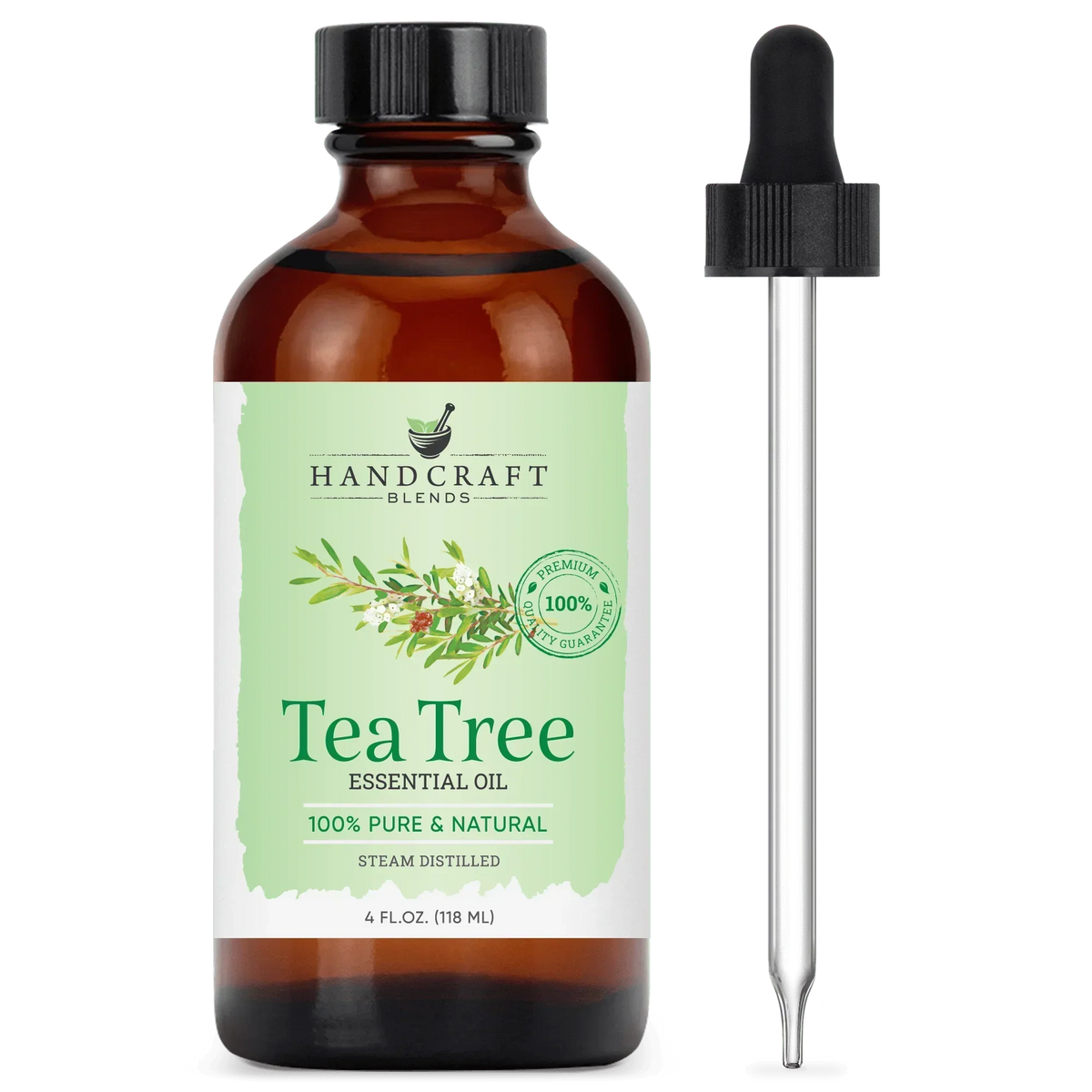 Tea Tree essential oil bottle with glass dropper, 4oz, 100% pure natural for aromatherapy.