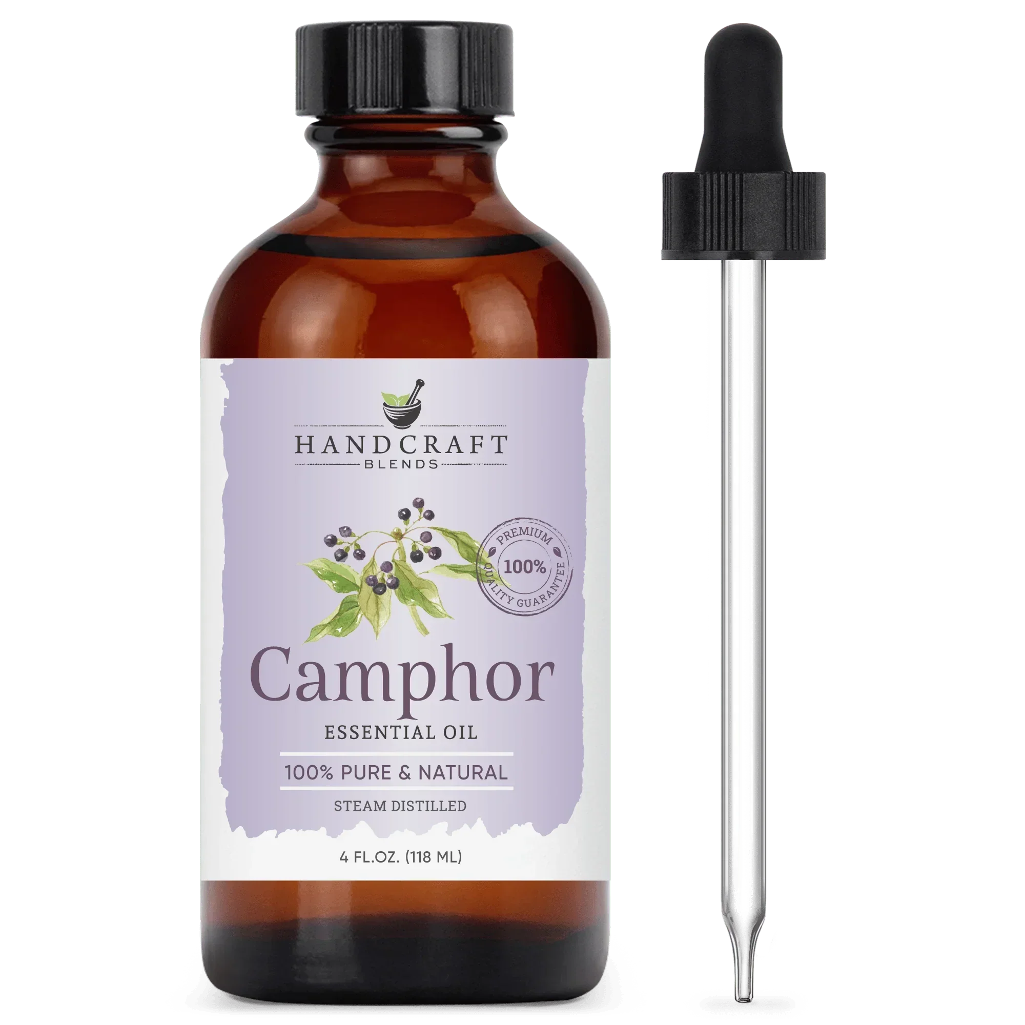 4oz amber glass bottle of camphor essential oil with dropper, labeled 100% pure and natural.