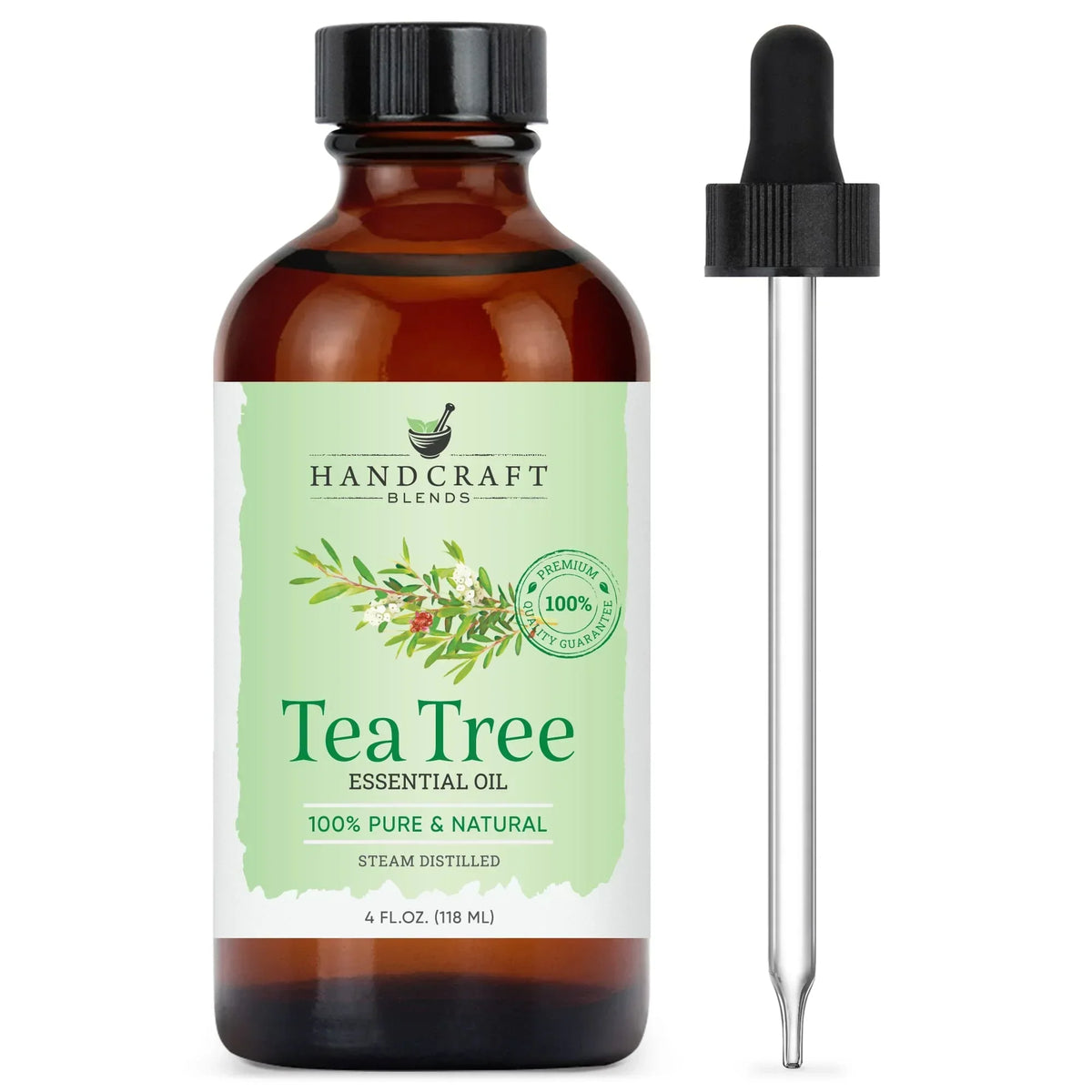 Tea Tree essential oil 4oz amber bottle with dropper, label shows pure and natural aromatherapy oil