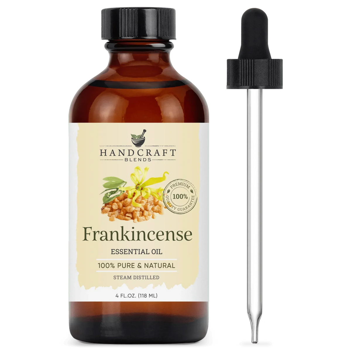 4oz bottle of frankincense essential oil with dropper, 100% pure and natural label