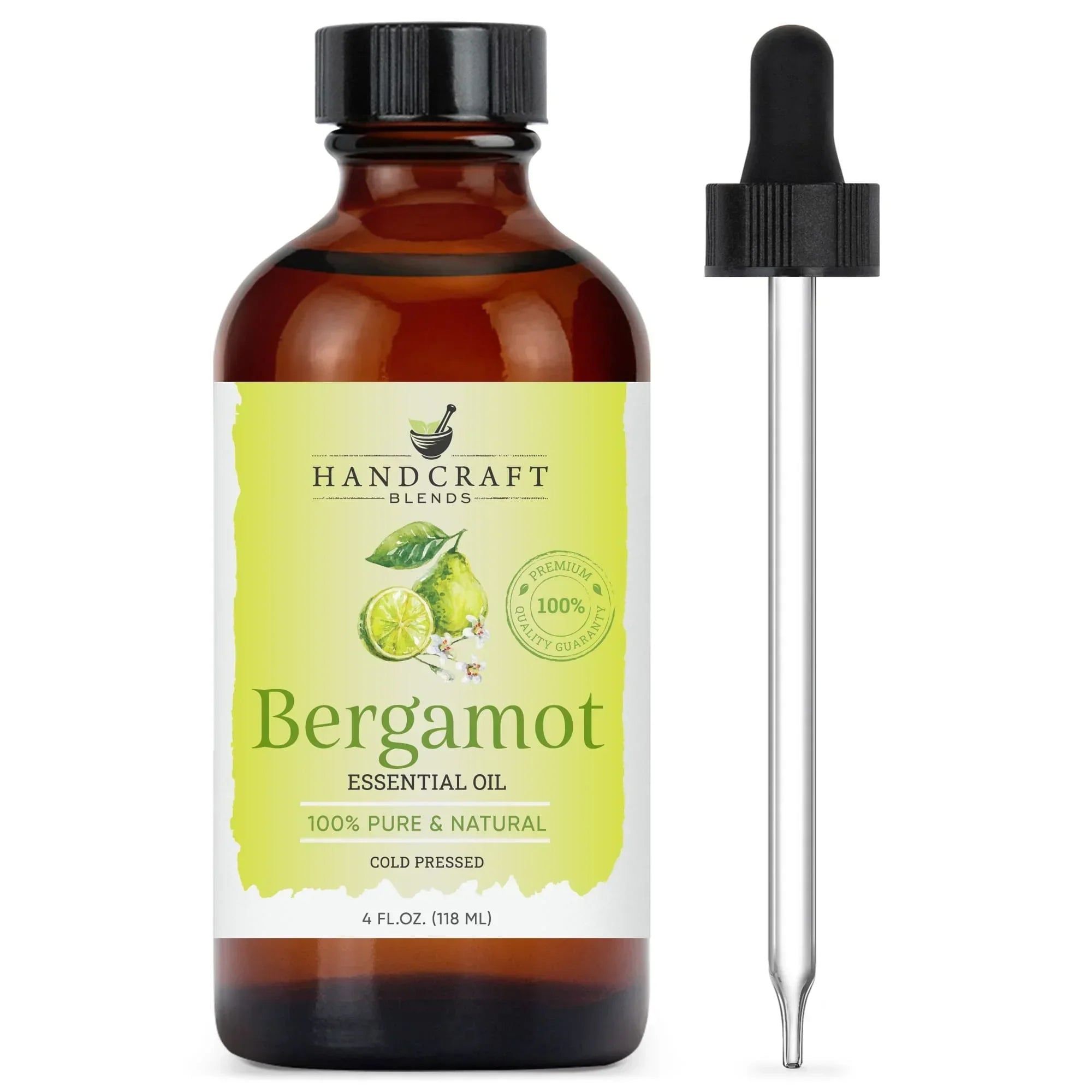 Bergamot essential oil 4oz amber glass bottle with dropper, pure natural aromatherapy oil.