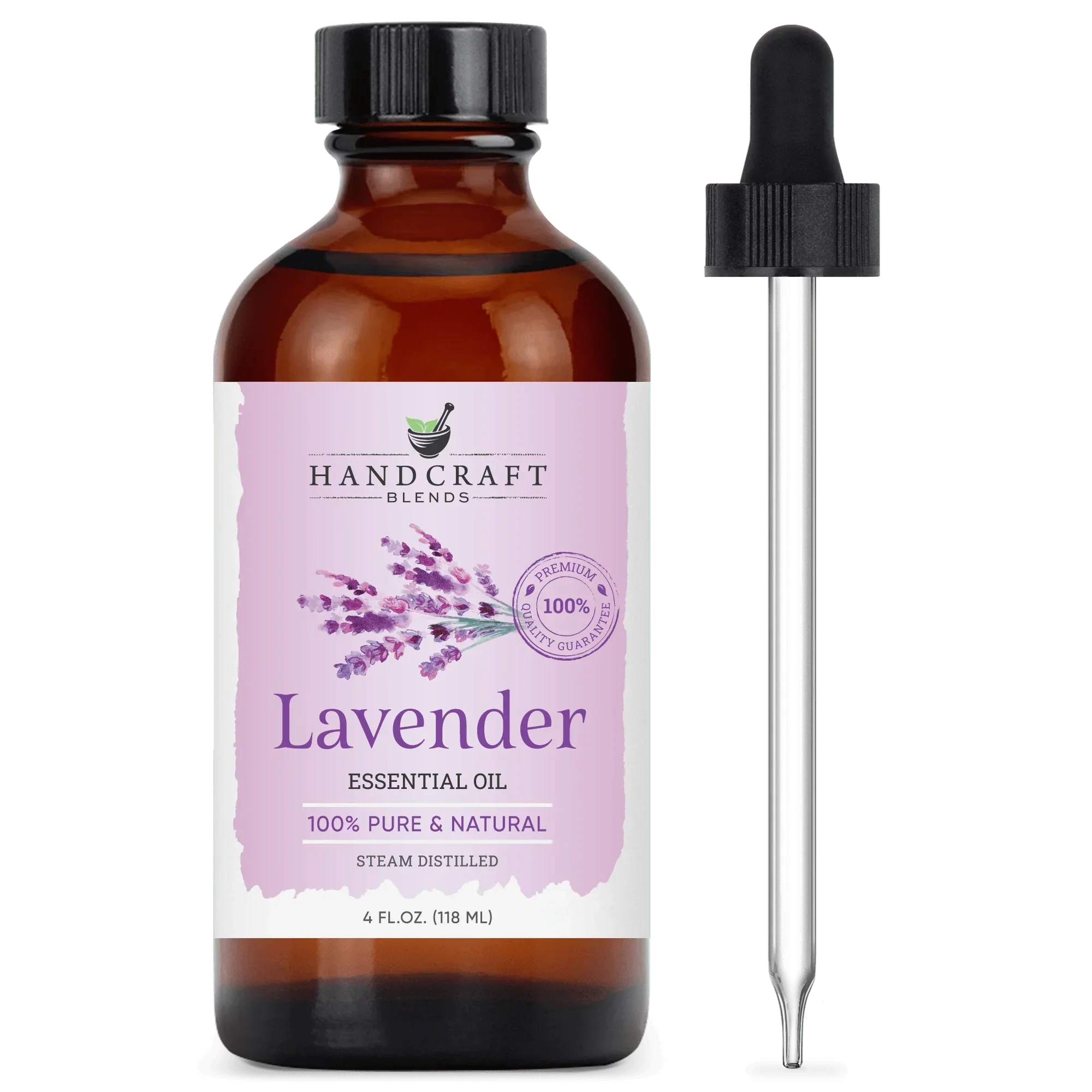 Lavender essential oil 4oz bottle with dropper, labeled 100% pure, natural, steam distilled.