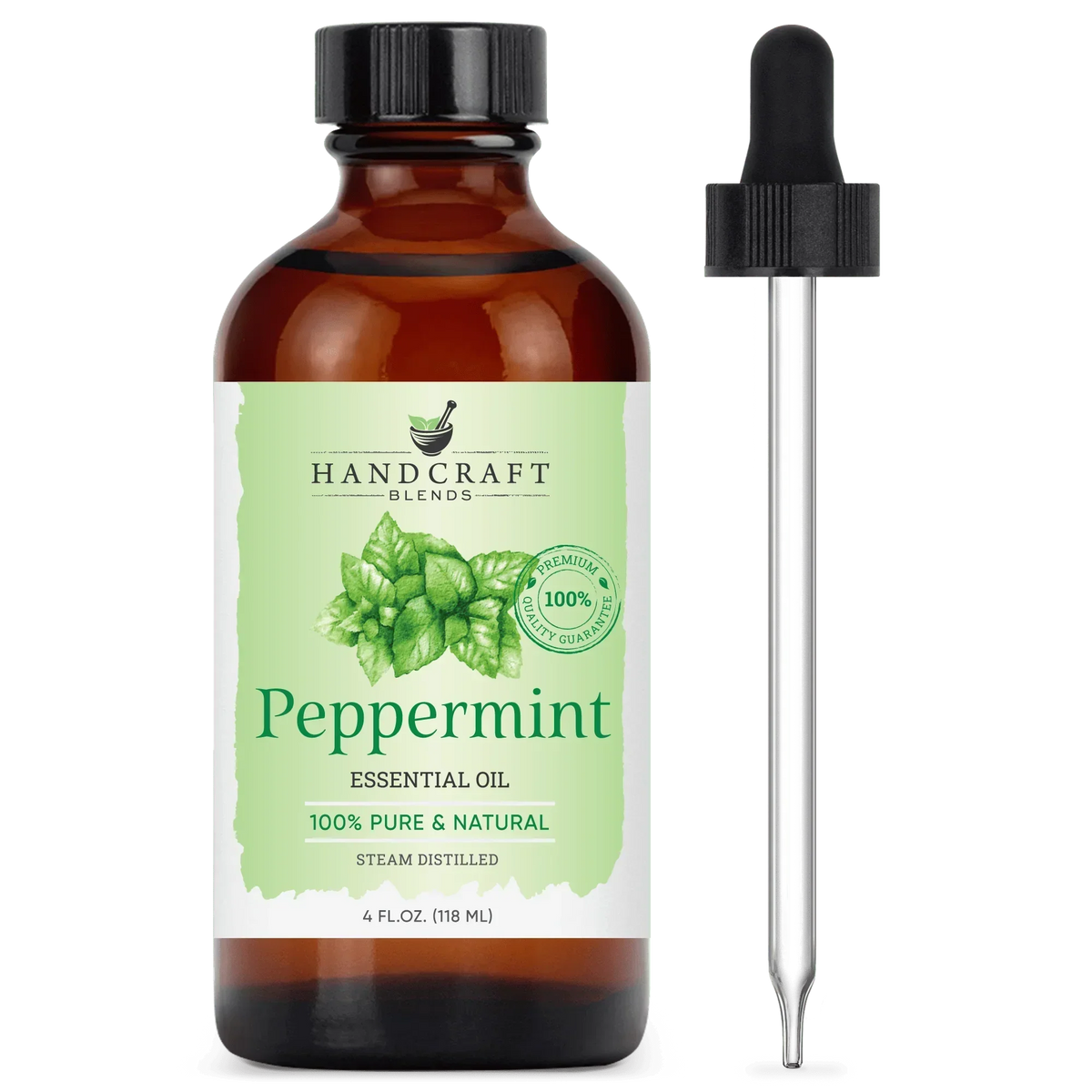 Amber glass bottle of peppermint essential oil with dropper, labeled 100% pure and natural.