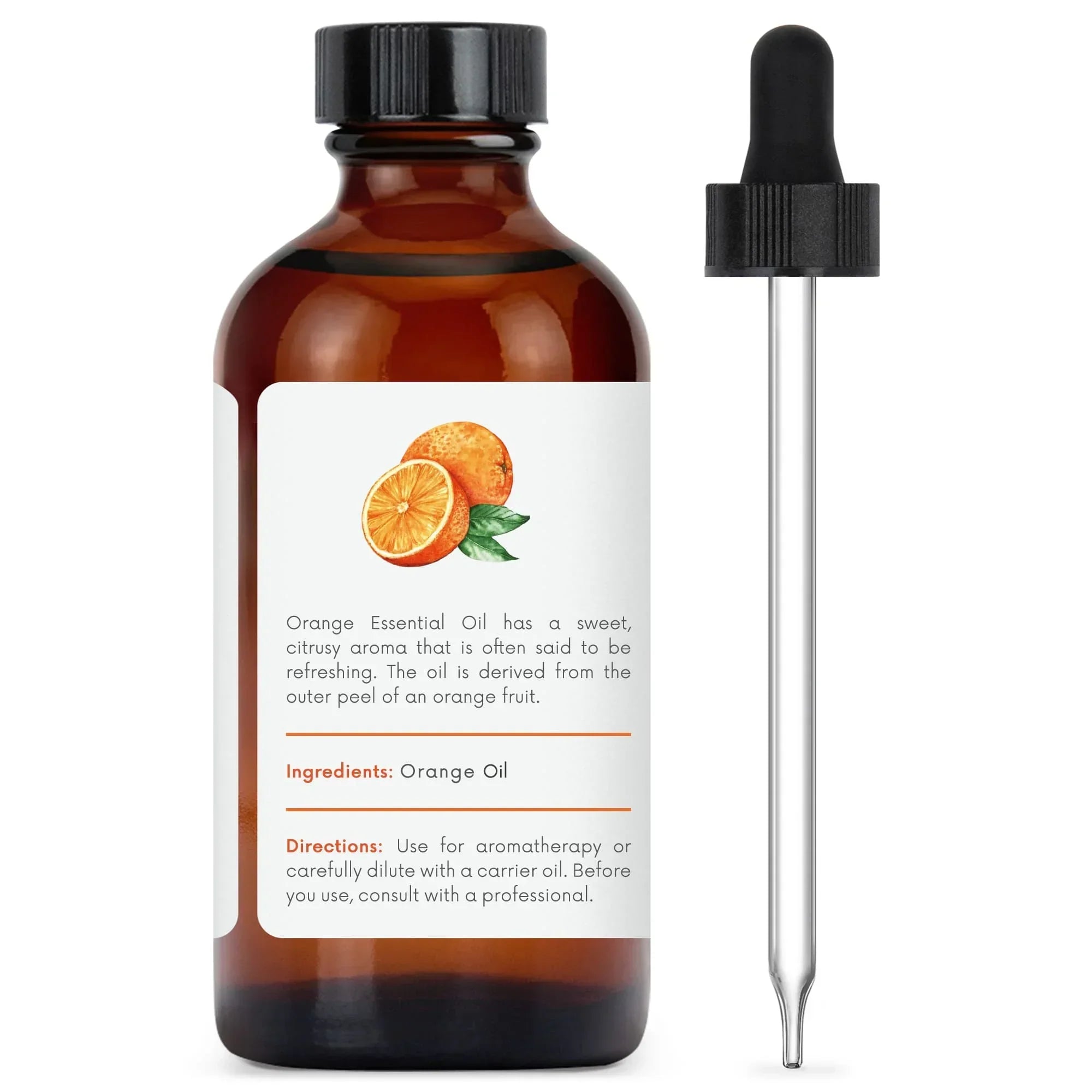 Amber glass bottle of orange essential oil with label and glass dropper for aromatherapy