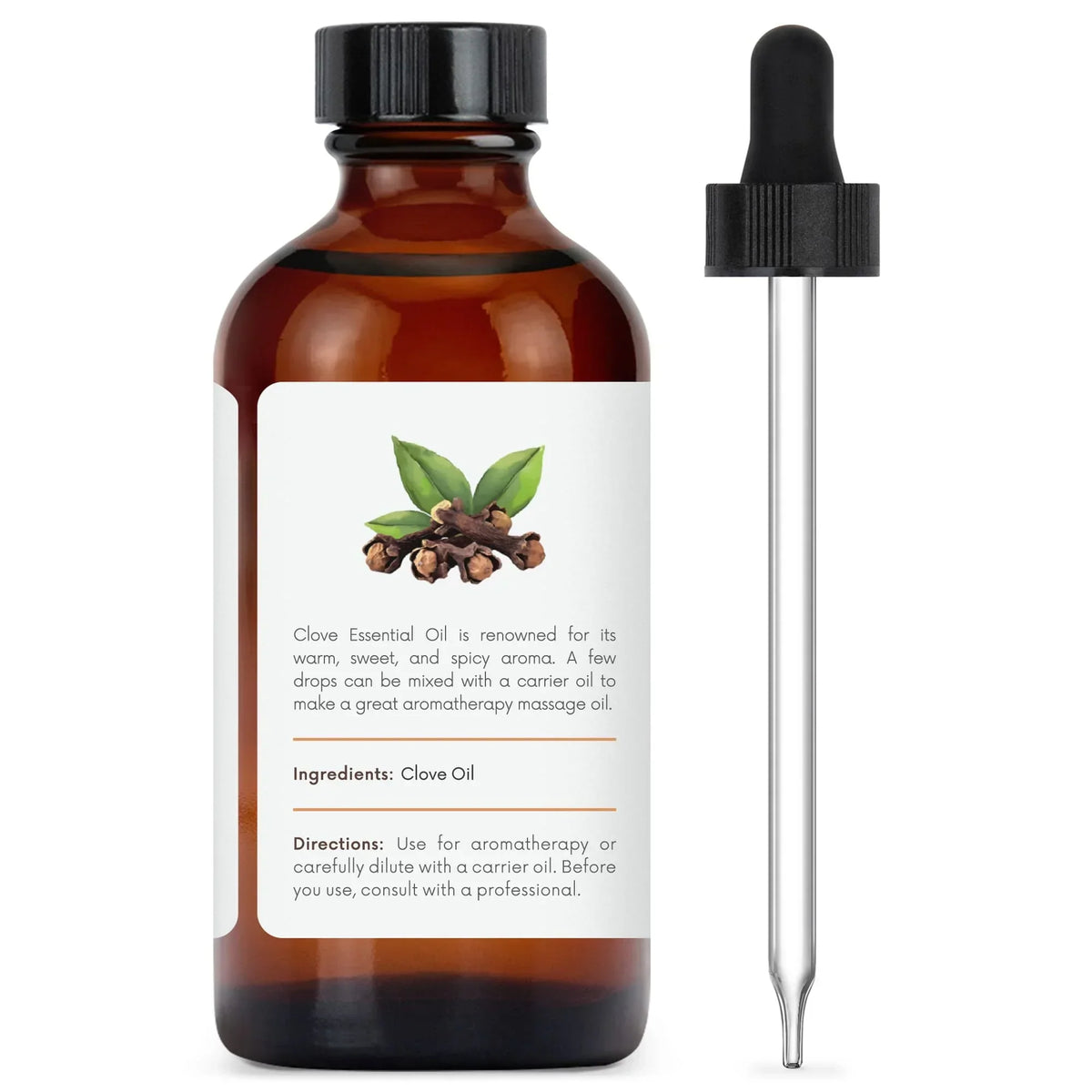 Amber glass bottle of clove essential oil with label and dropper for aromatherapy use