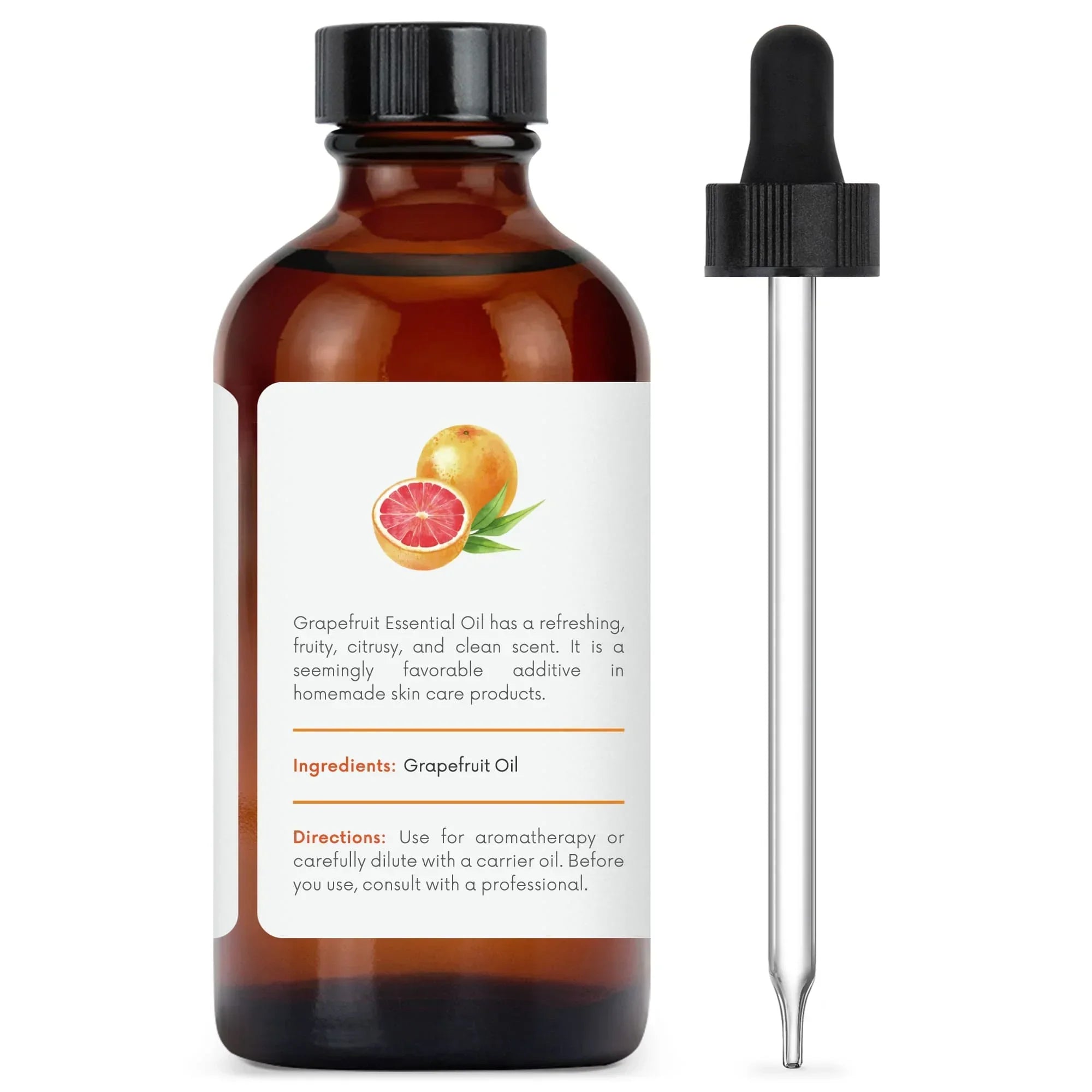 Amber glass bottle of grapefruit essential oil with dropper and citrus illustration on label