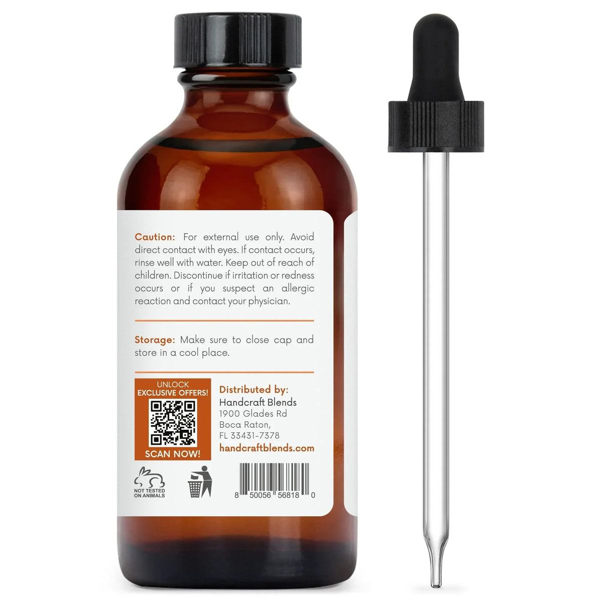 Amber glass essential oil bottle with dropper and caution label for aromatherapy use