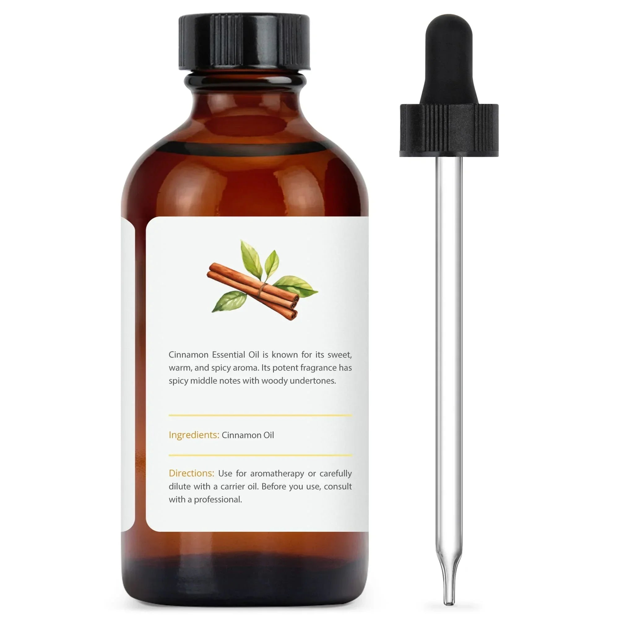 Cinnamon essential oil in amber glass bottle with dropper, aromatherapy product.