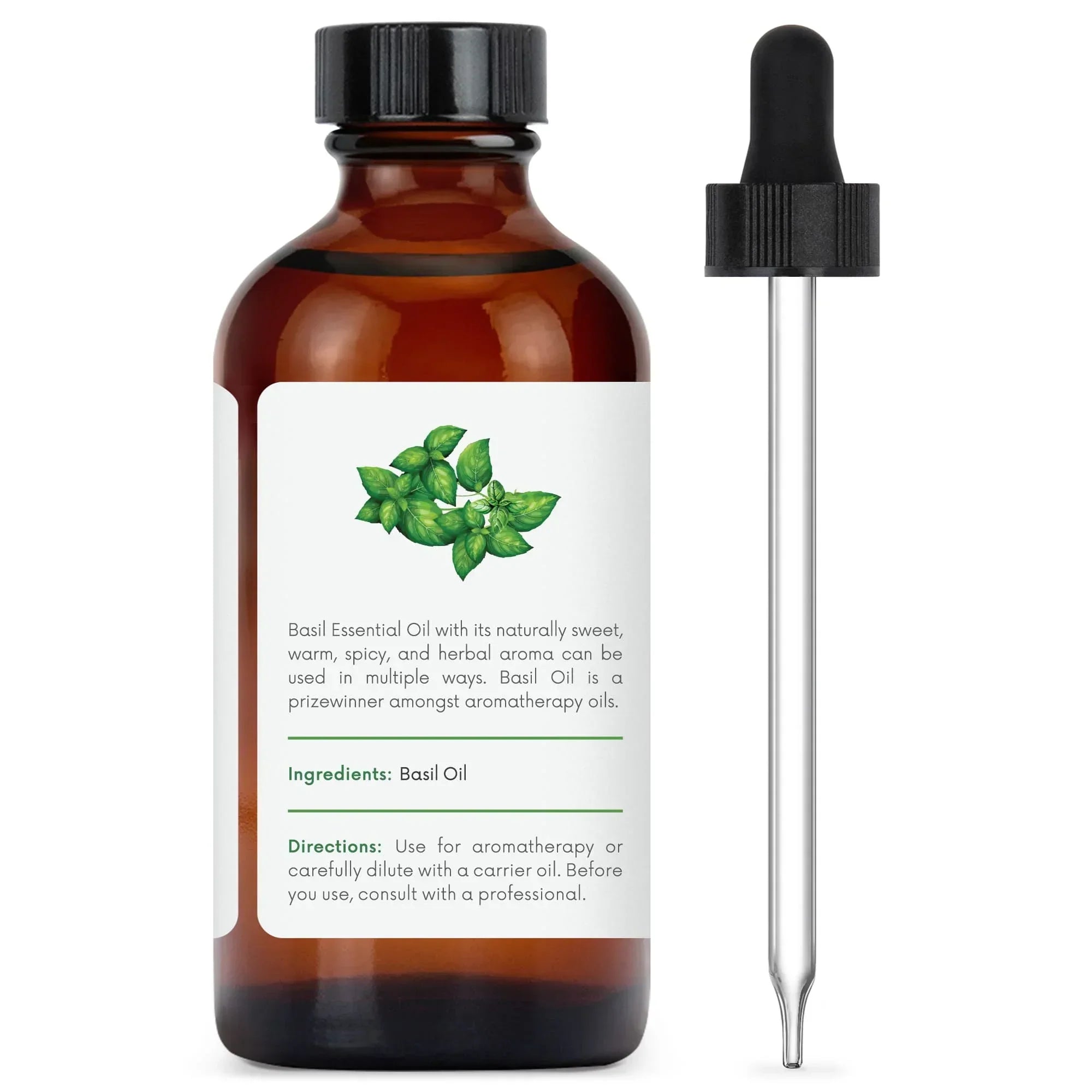 Basil essential oil in amber glass bottle with dropper for aromatherapy and aromatherapy blends.