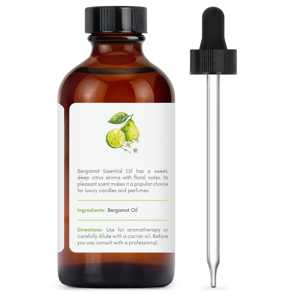 Amber glass bottle of bergamot essential oil with dropper for aromatherapy and blending.