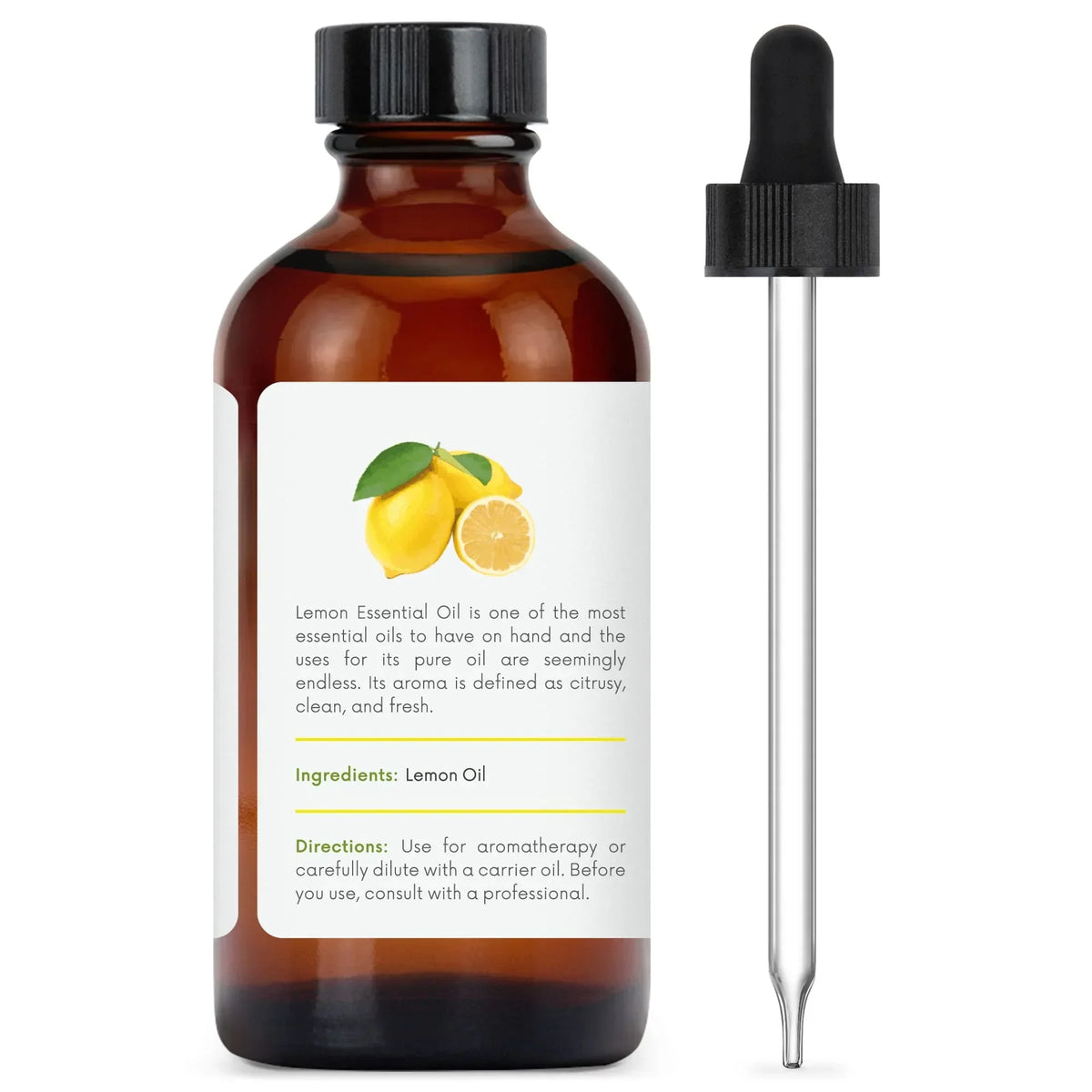 Amber glass bottle of lemon essential oil with dropper and lemon illustration on label