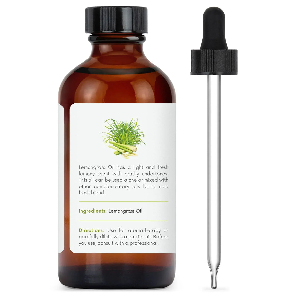 Amber glass bottle of lemongrass essential oil with dropper for aromatherapy.