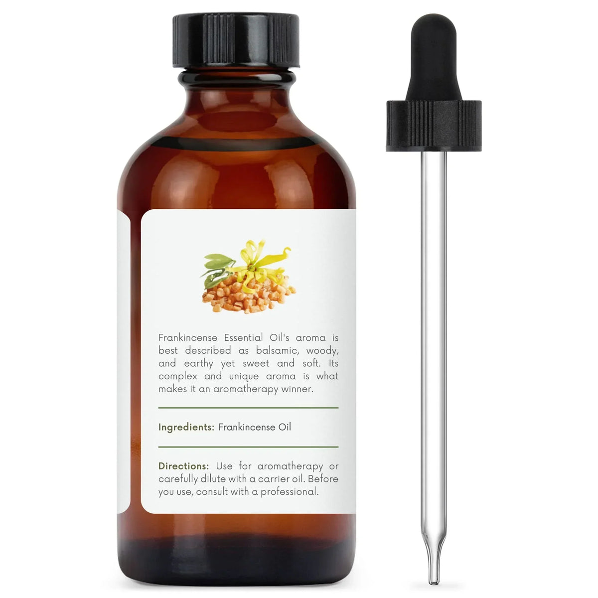 Brown glass bottle of frankincense essential oil with dropper for aromatherapy use