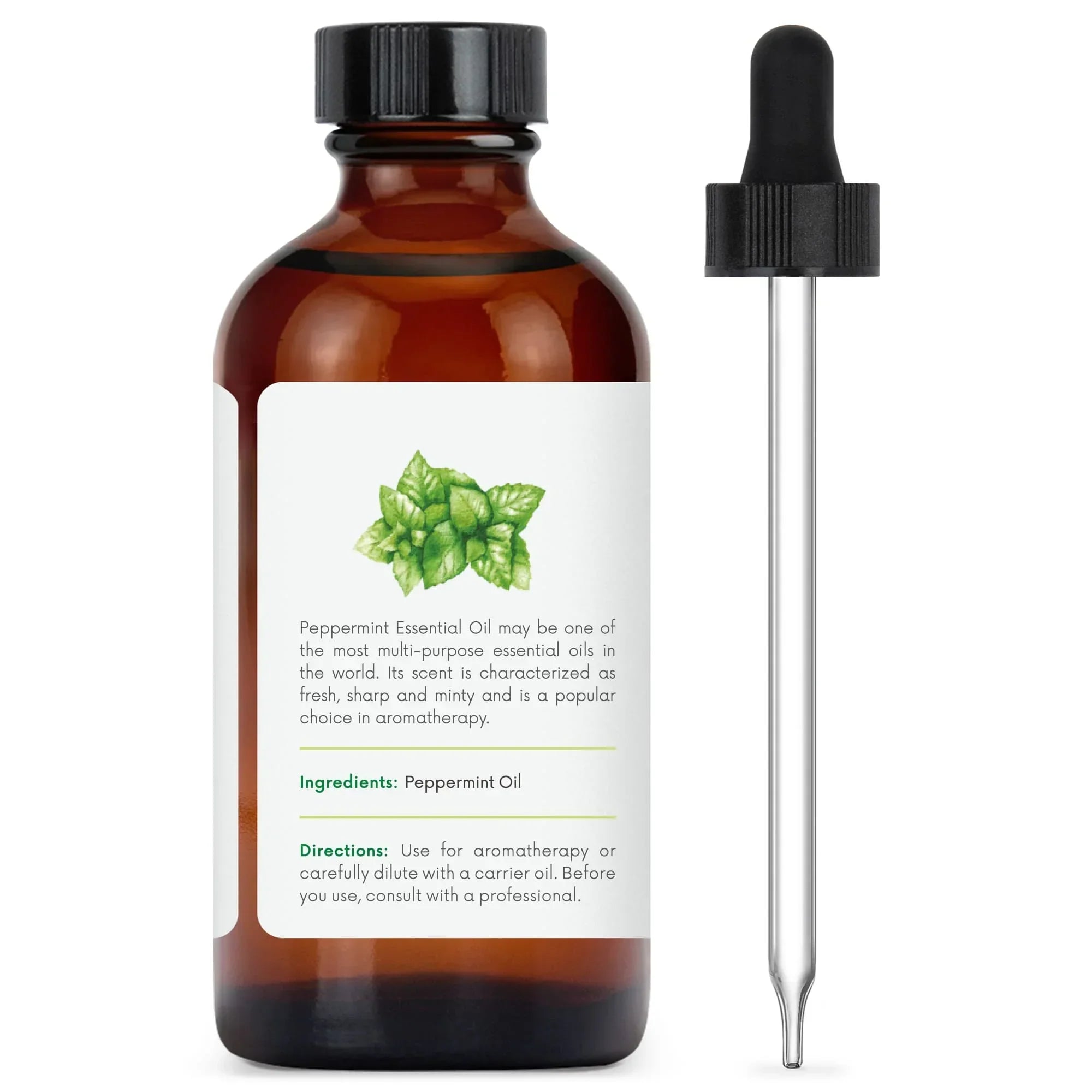 Amber bottle of peppermint essential oil with dropper, aromatherapy product label visible