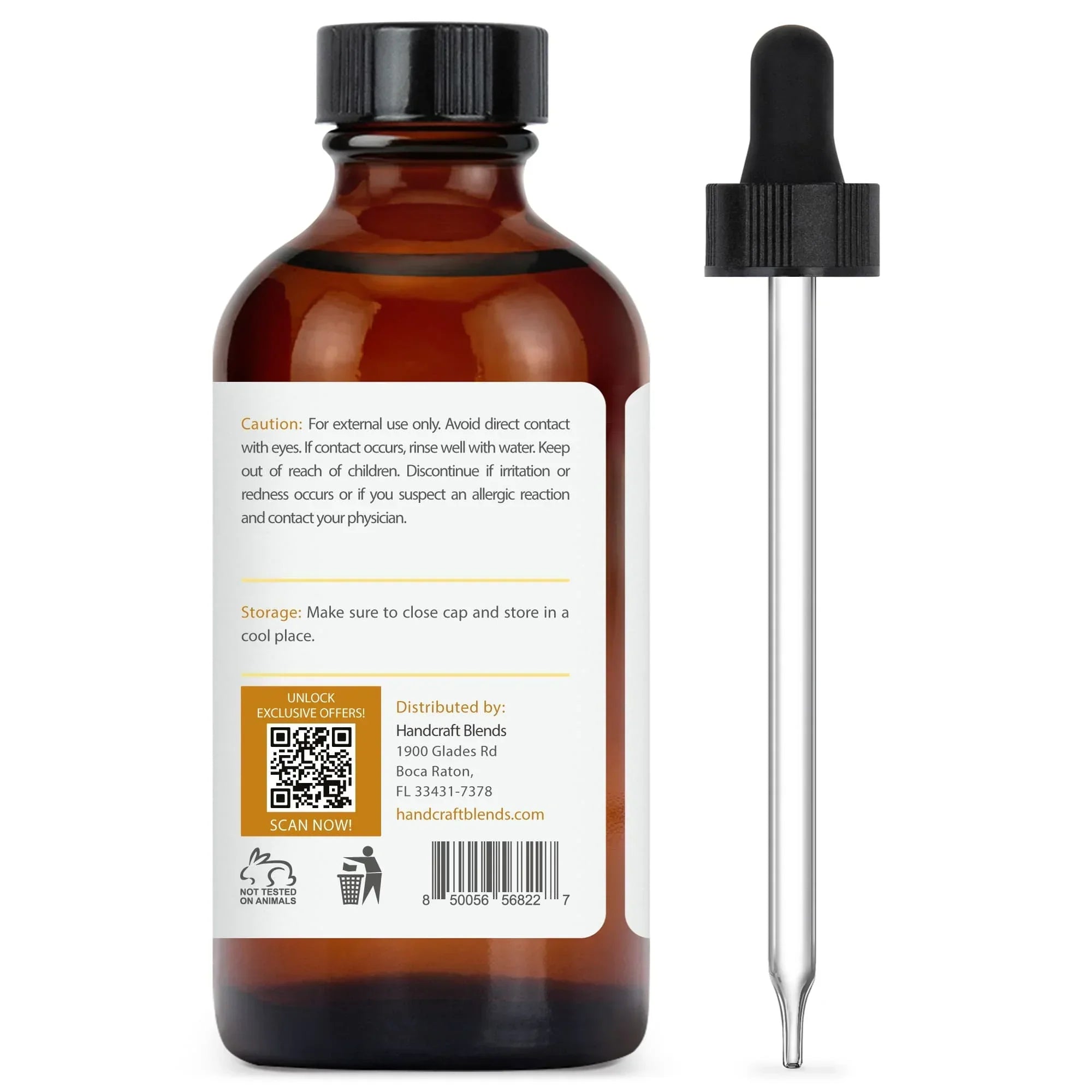 Amber essential oil bottle with black cap, dropper, and safety instructions label