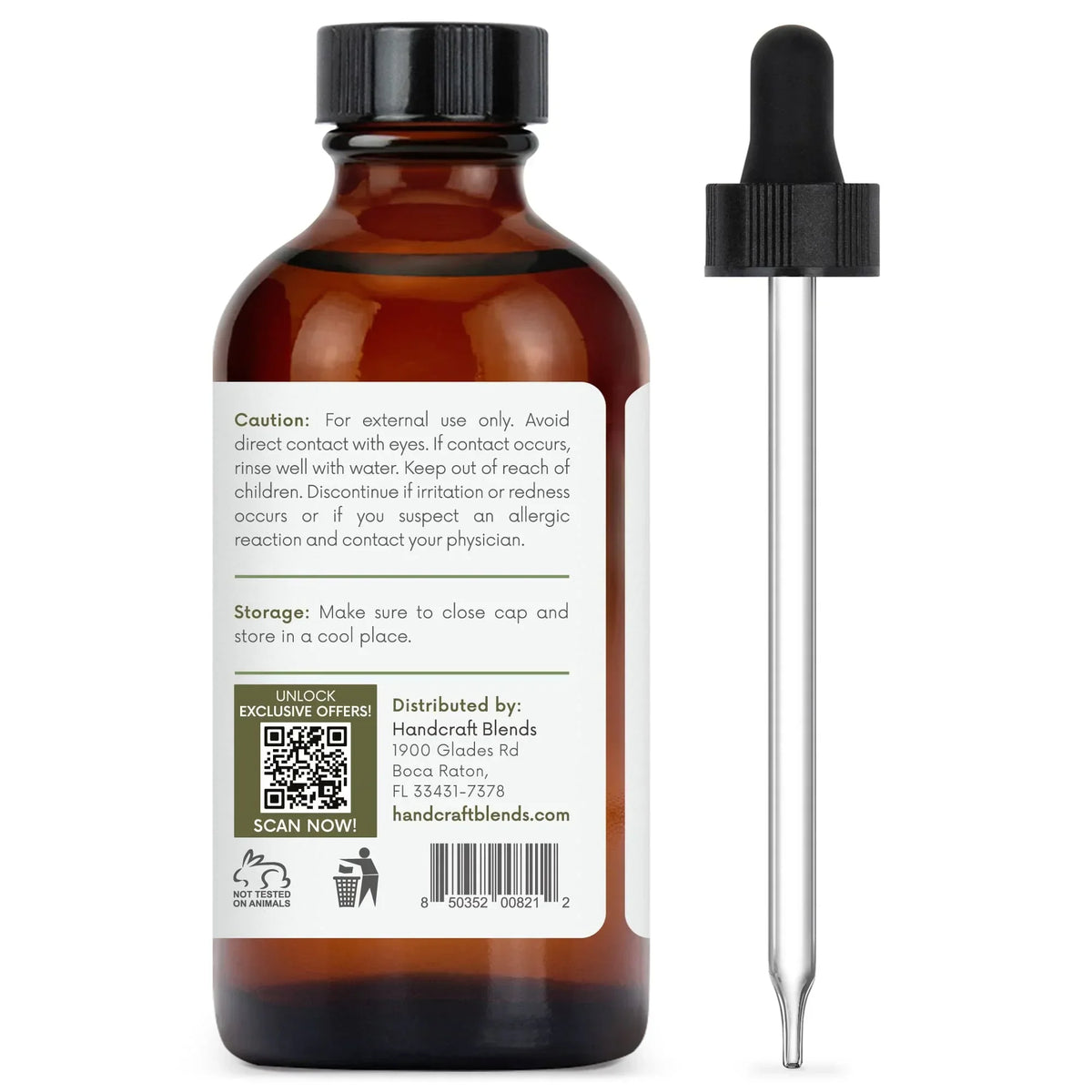Amber glass essential oil bottle with dropper and caution label, aromatherapy product