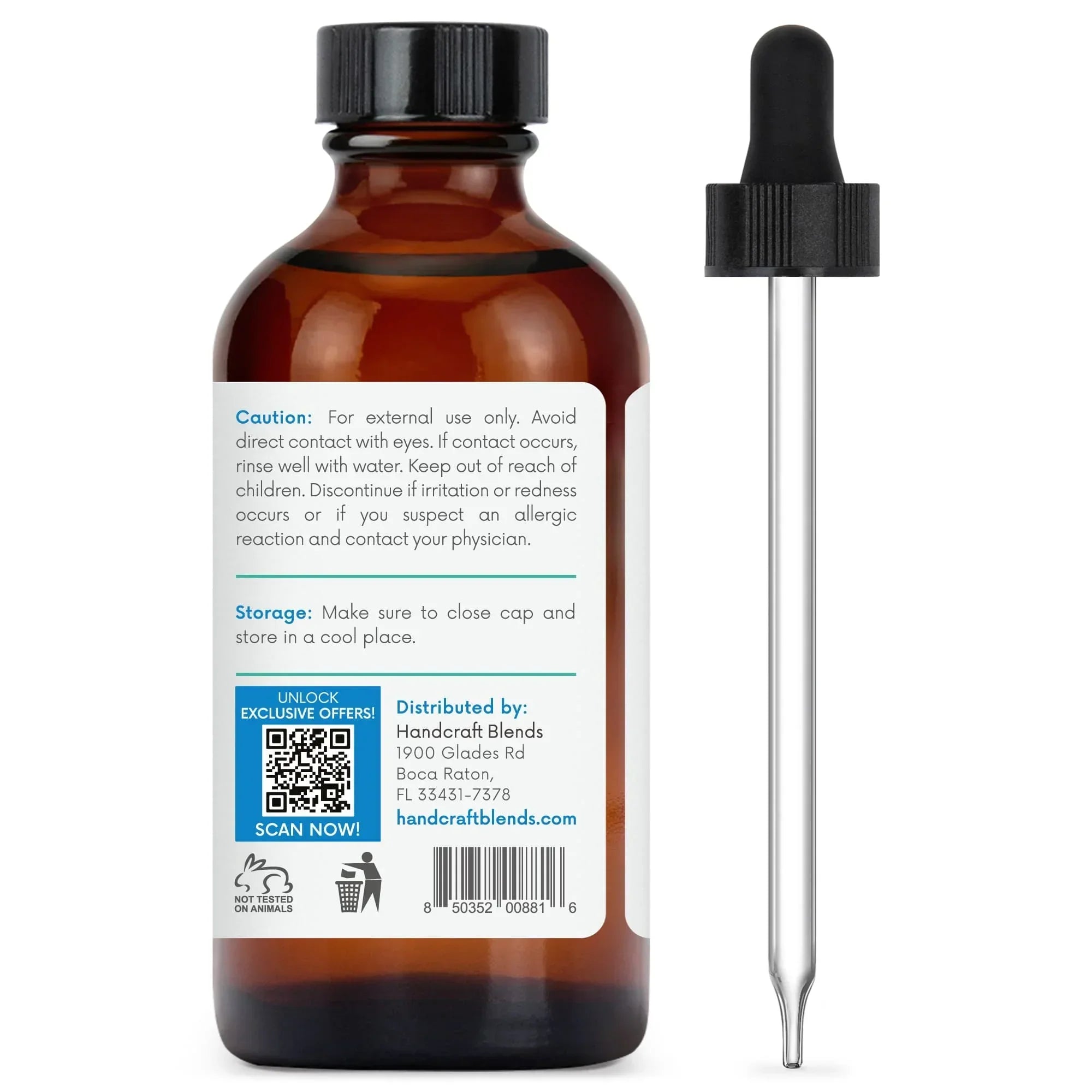 Amber glass essential oil bottle with dropper and ingredient label for aromatherapy