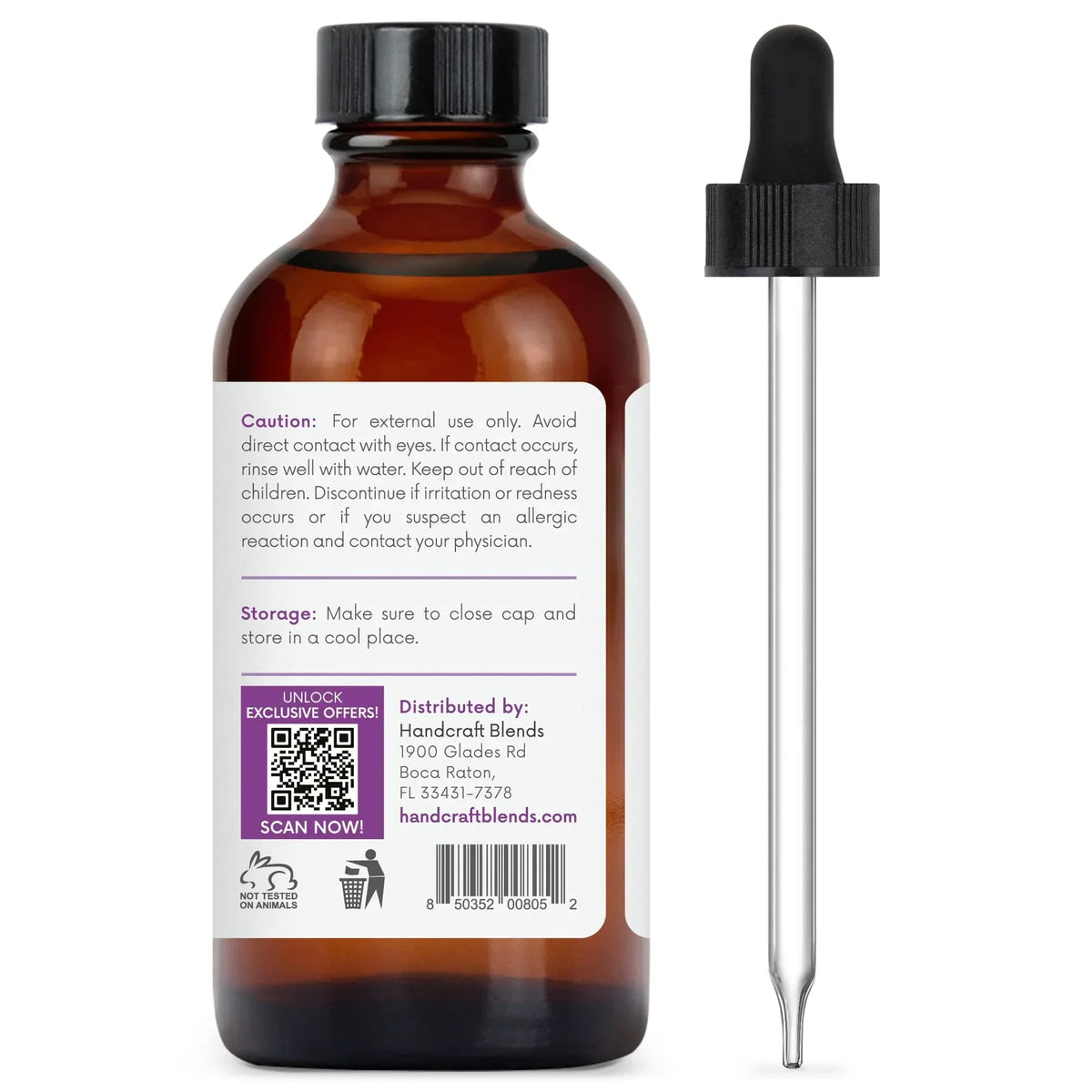 Amber glass essential oil bottle with dropper and detailed label, ideal for aromatherapy use.