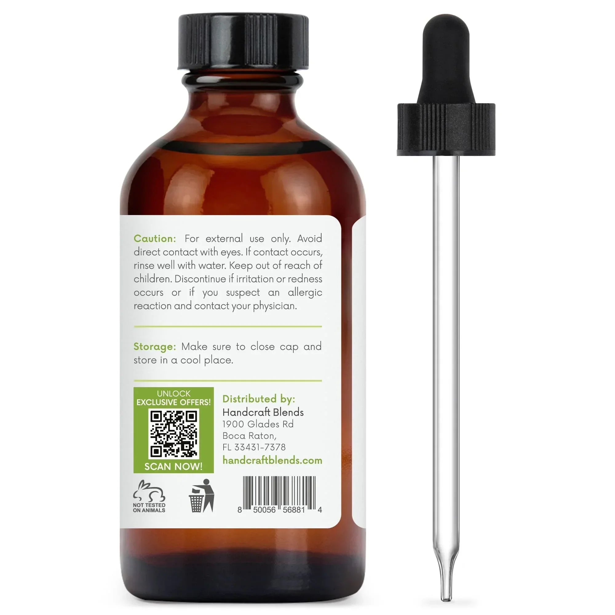 Amber glass essential oil bottle with dropper, product label includes caution and storage info