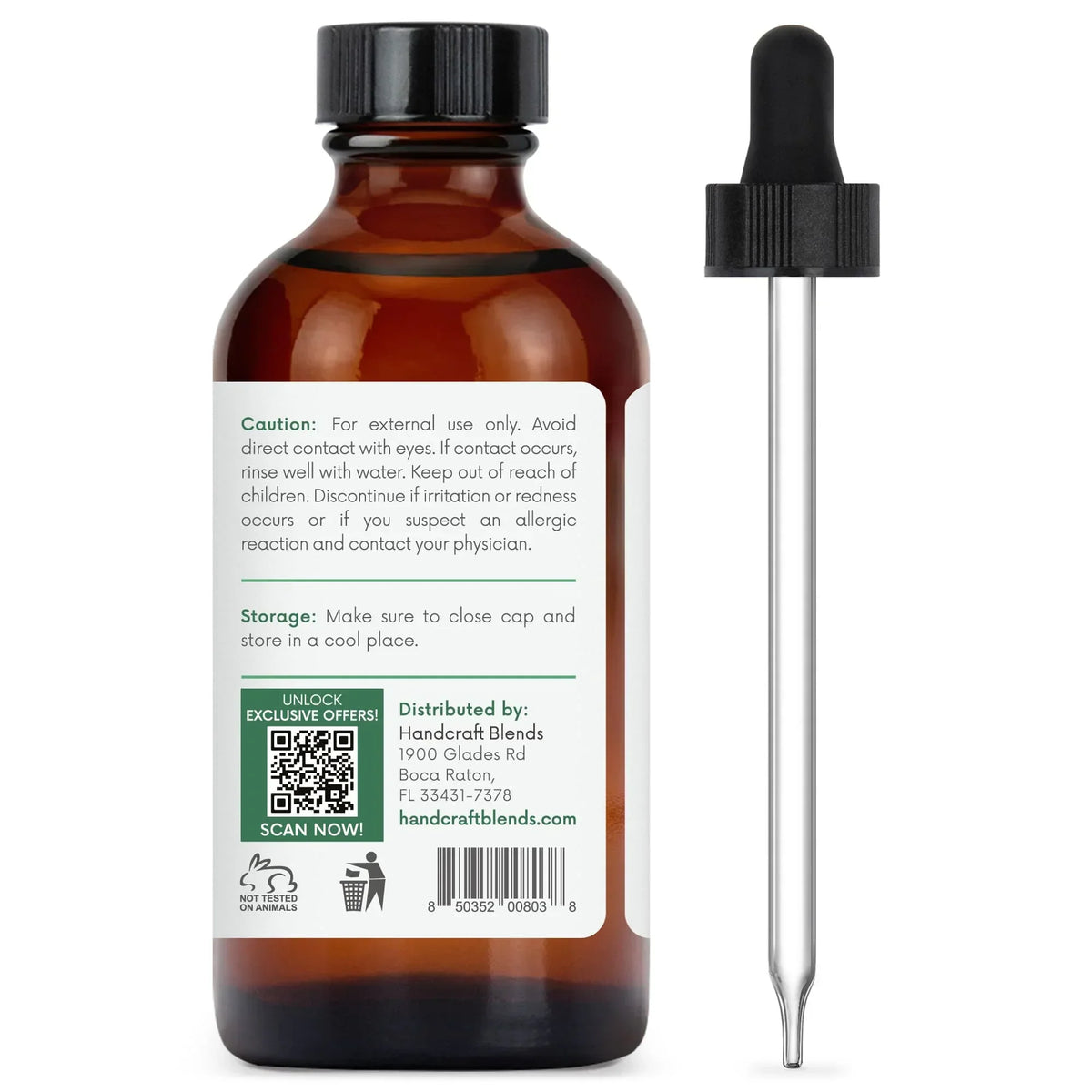Amber glass essential oil bottle with dropper and product label featuring usage instructions.