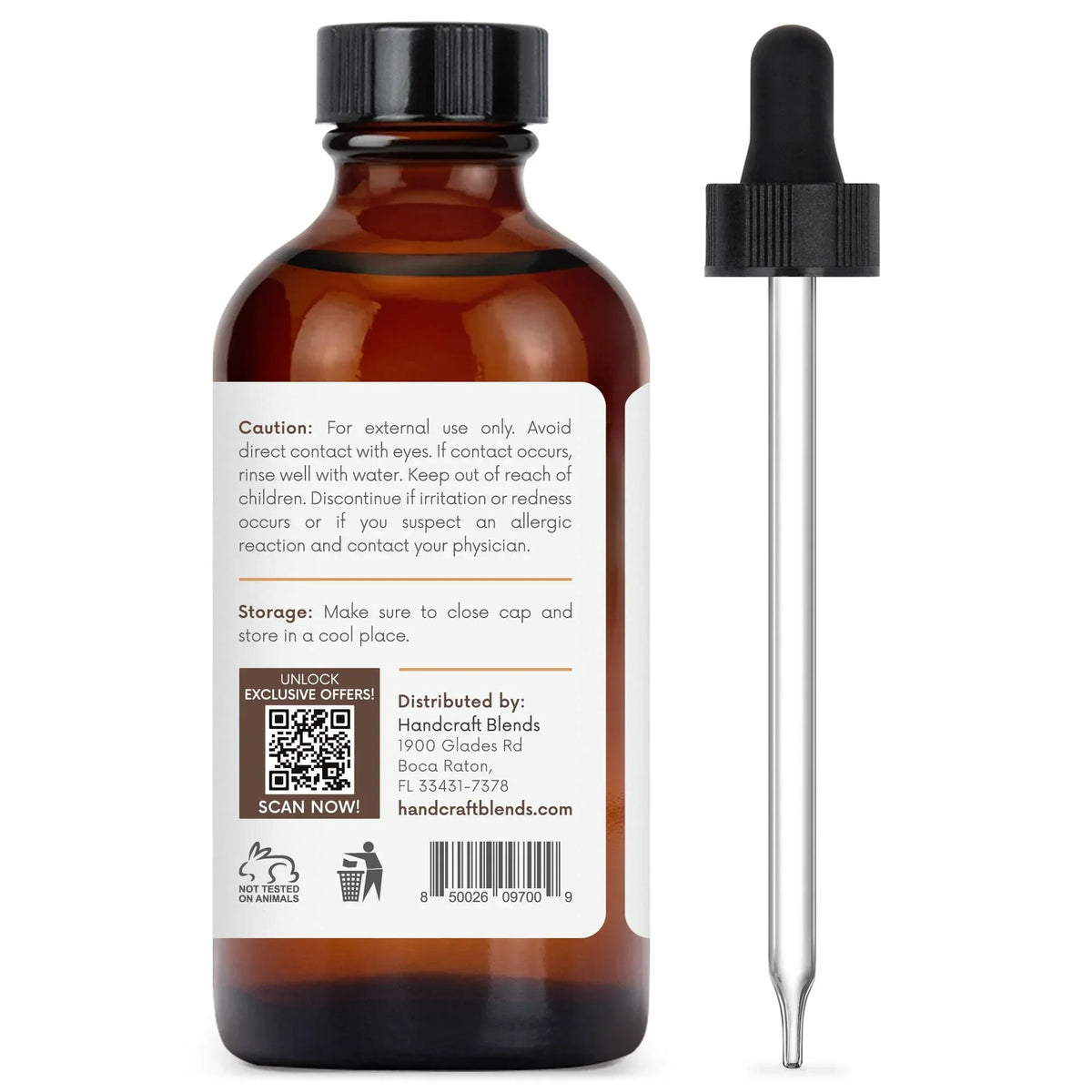 Amber glass essential oil bottle with dropper and product label showing caution, usage, and barcode.