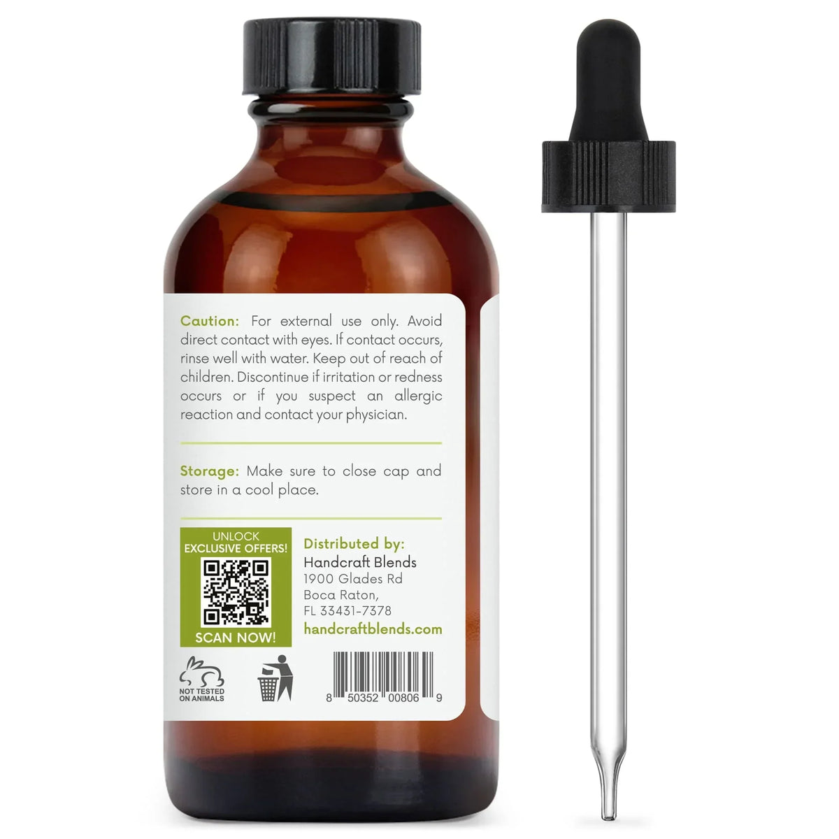 4oz amber glass essential oil bottle with dropper and product label visible