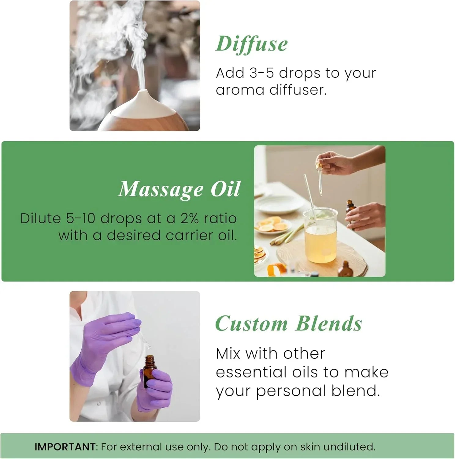 Essential oil usage methods guide showing diffuser, massage oil mixing, and custom blending instructions.