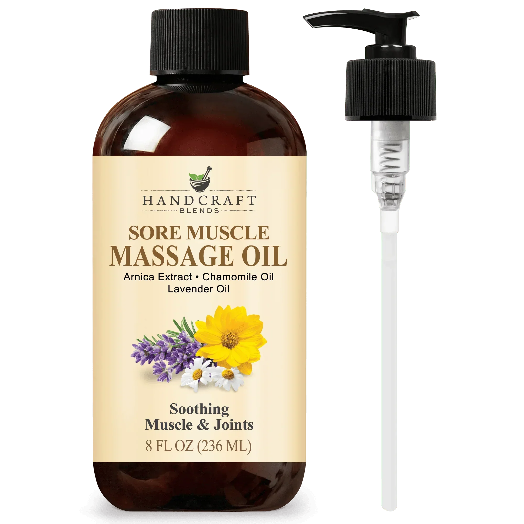 Sore muscle massage oil bottle with arnica, chamomile, lavender oils and pump dispenser