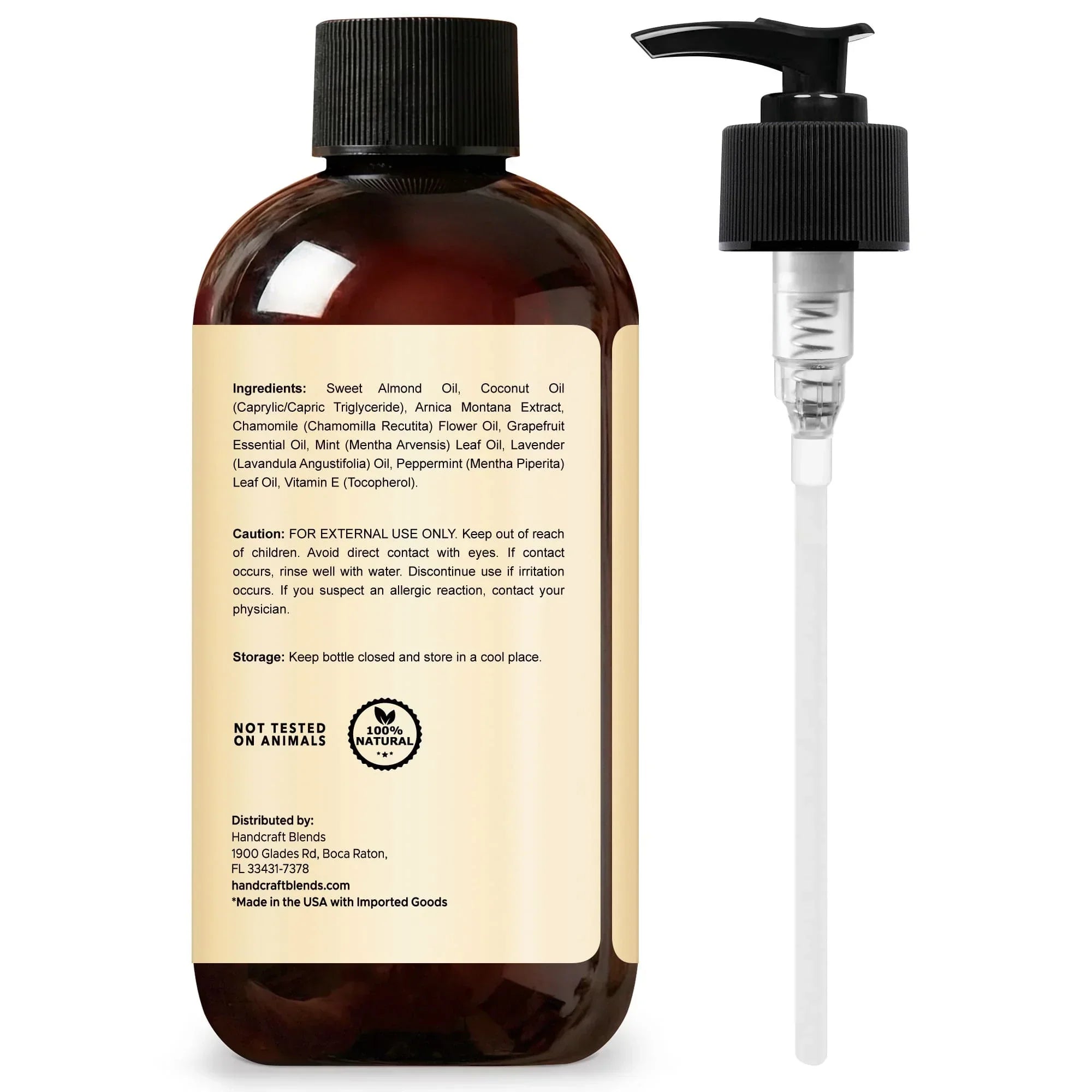 Brown bottle of natural carrier oil with ingredients label and separate pump dispenser