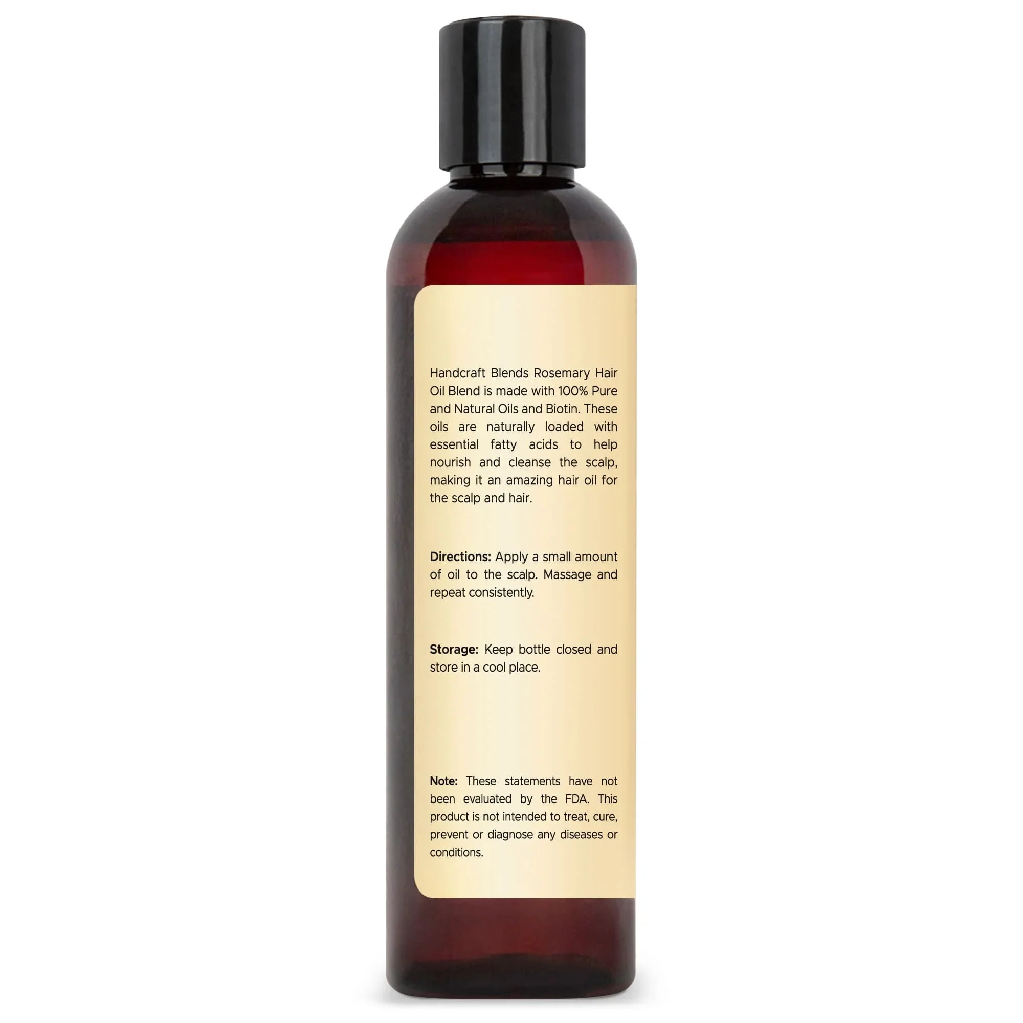 8oz amber bottle of rosemary hair oil blend with ingredient and usage label, black cap