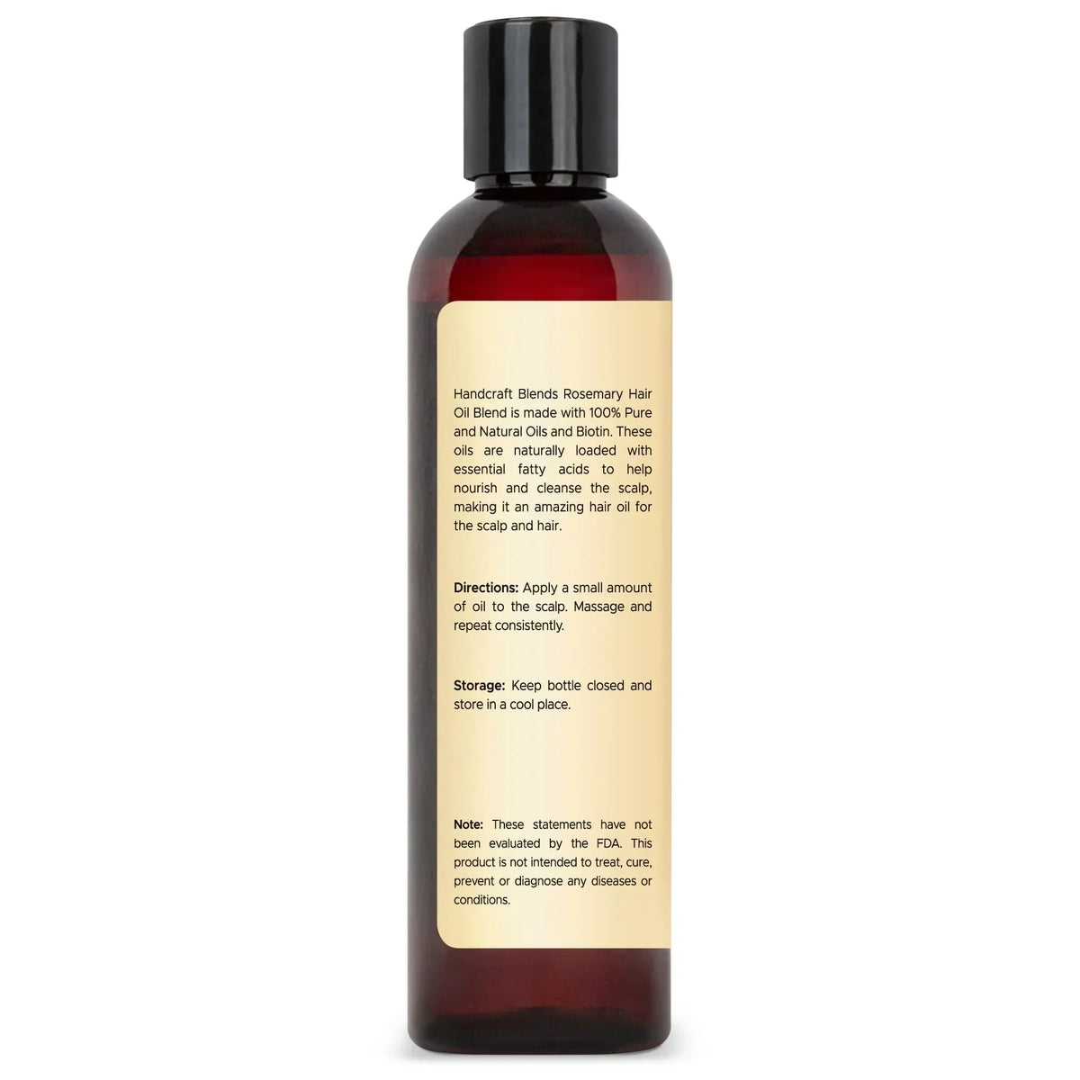 8oz amber bottle of rosemary hair oil blend with ingredient and usage label, black cap