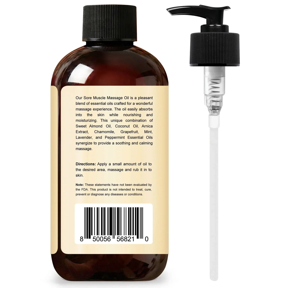 8oz bottle of sore muscle massage oil with pump dispenser, essential oils blend label visible