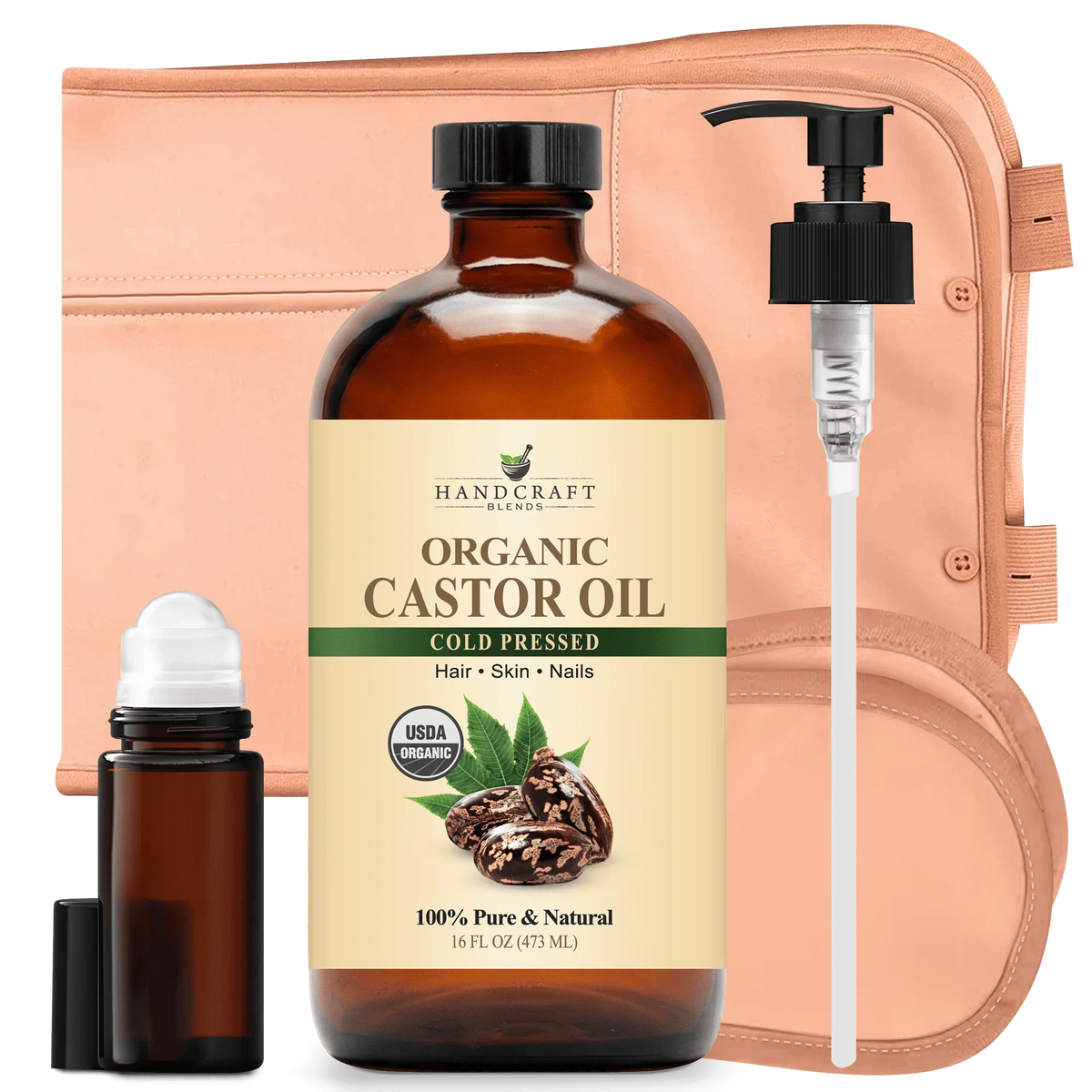 Organic castor oil bottle with pump, roll-on bottle, and beige wrap for hair, skin, nails.