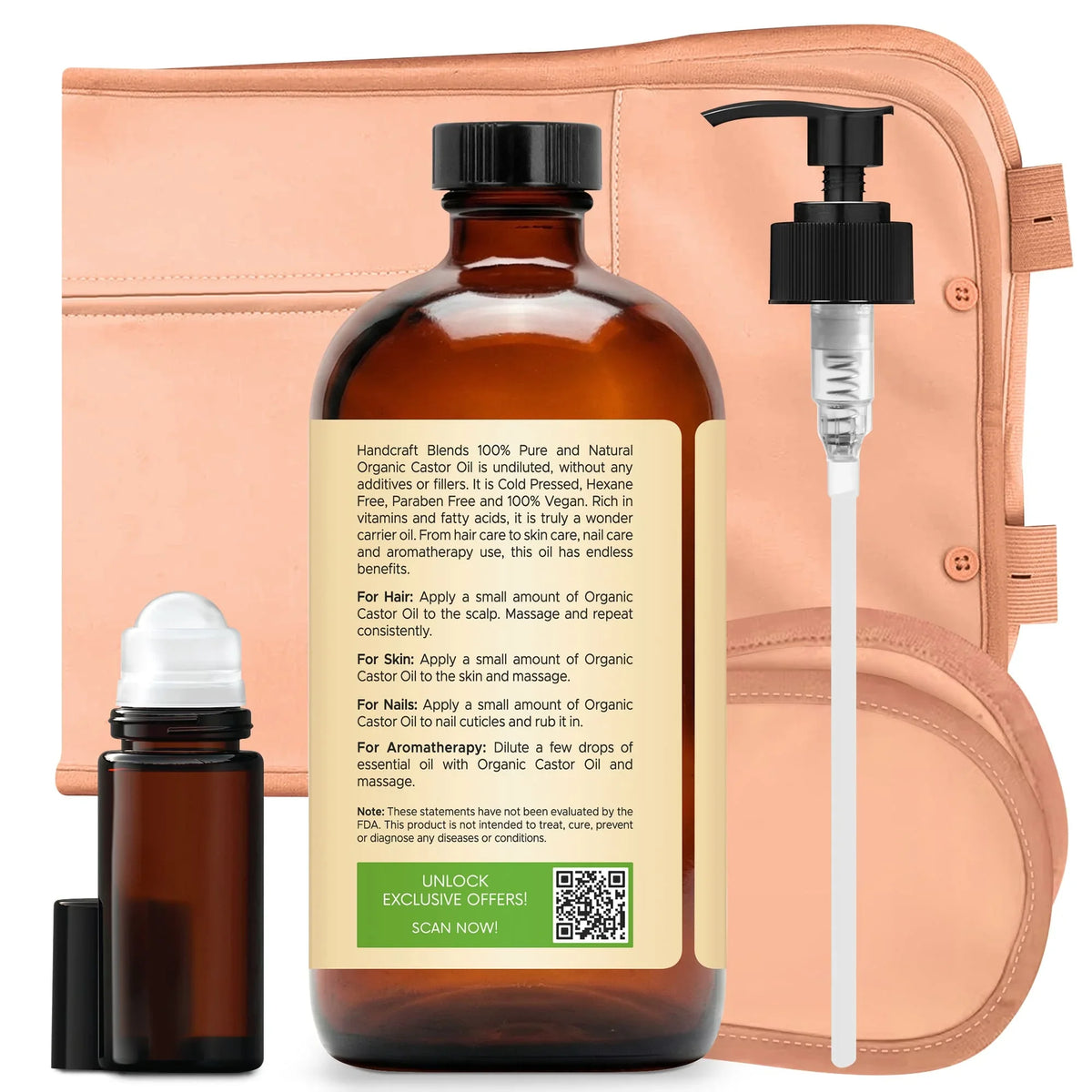 Organic castor oil bottle with pump, roll-on applicator, and tan pack wrap for hair and skin care.