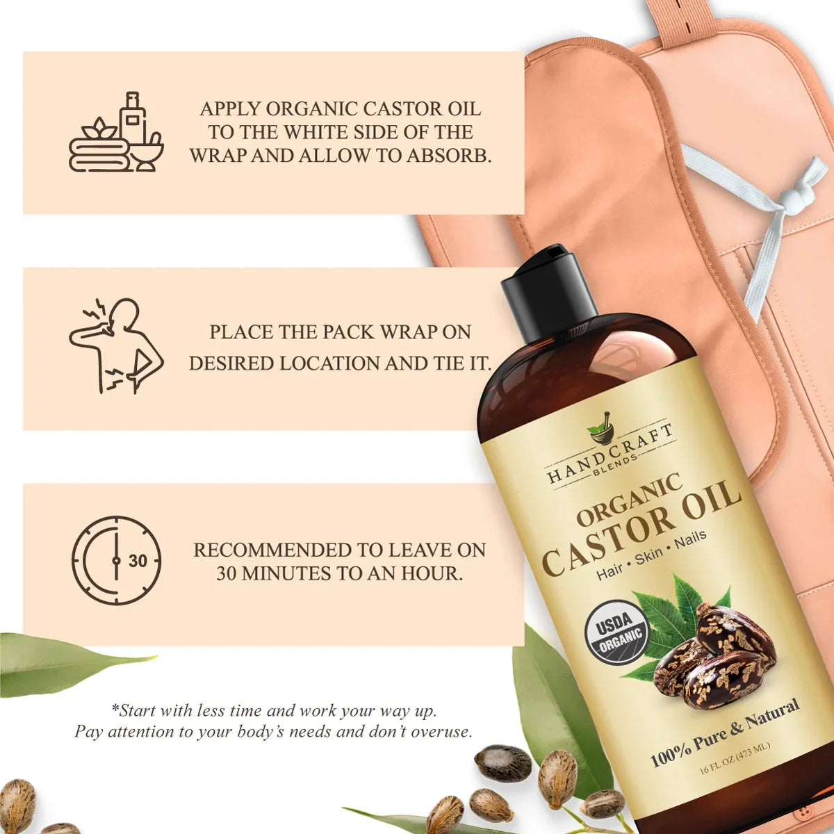 Organic Castor Oil Pack Wrap with Roll on Bottle