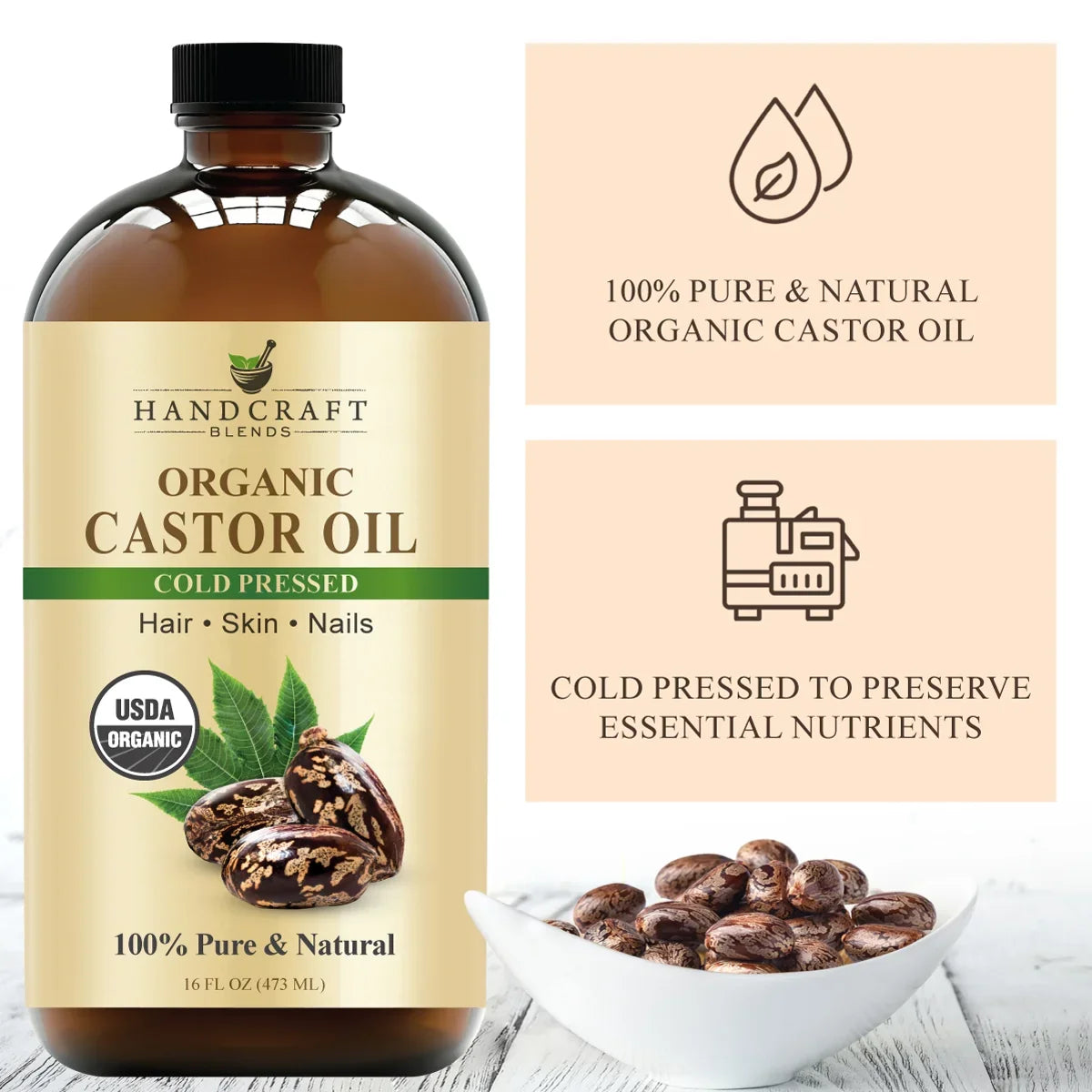 Organic castor oil bottle with label, castor beans in bowl, cold pressed, USDA organic.