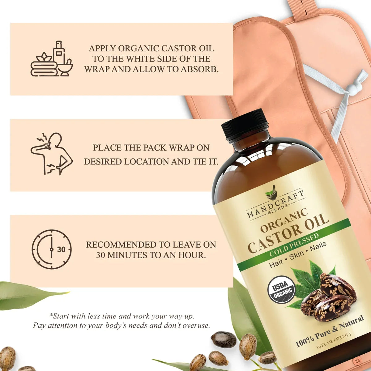 Organic castor oil bottle with castor seeds, pack wrap, and usage instructions for skin and hair care.