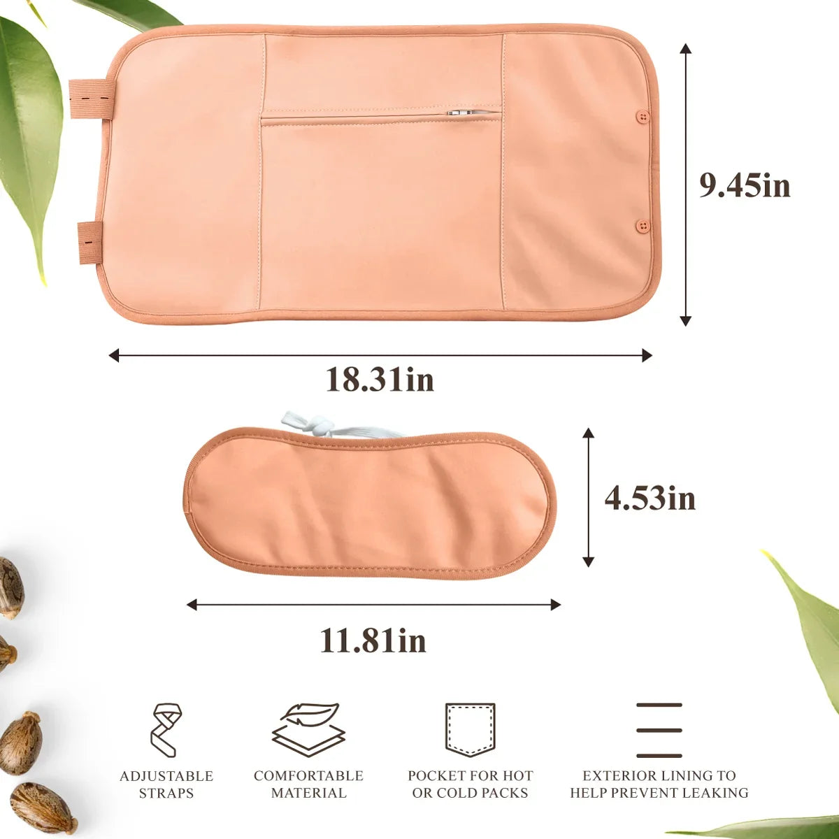 Peach-colored castor oil pack wraps with zipper pocket, adjustable straps, and size dimensions