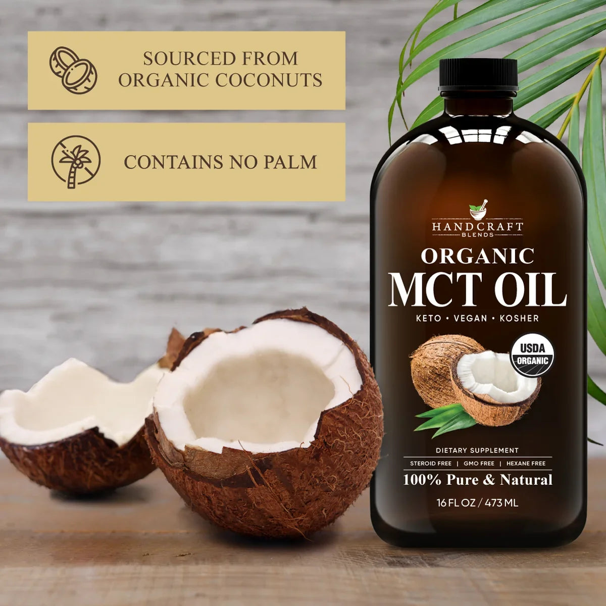 Organic MCT oil bottle with halved coconut, natural keto vegan supplement product image