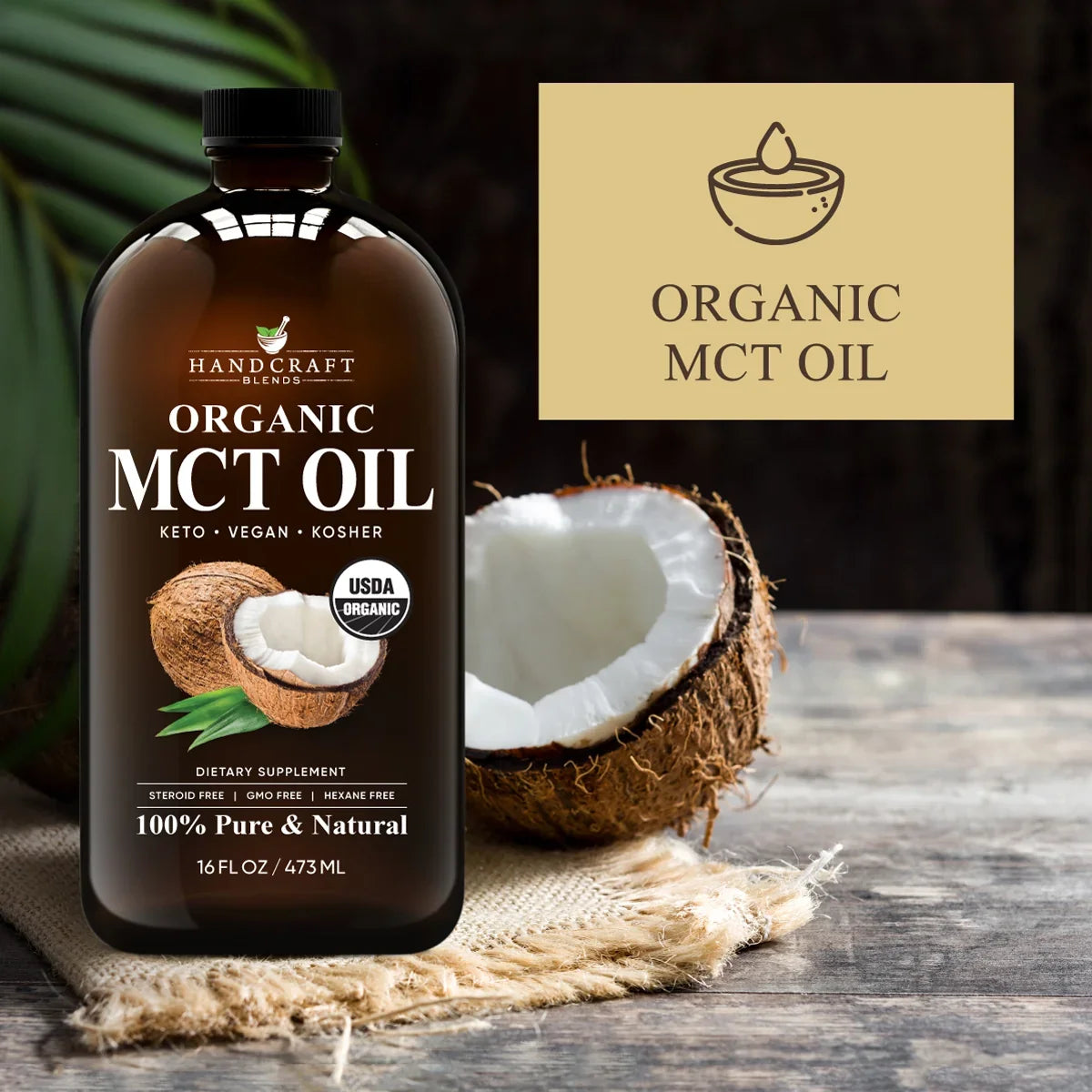 Organic MCT oil bottle with coconut on rustic table, keto vegan dietary supplement