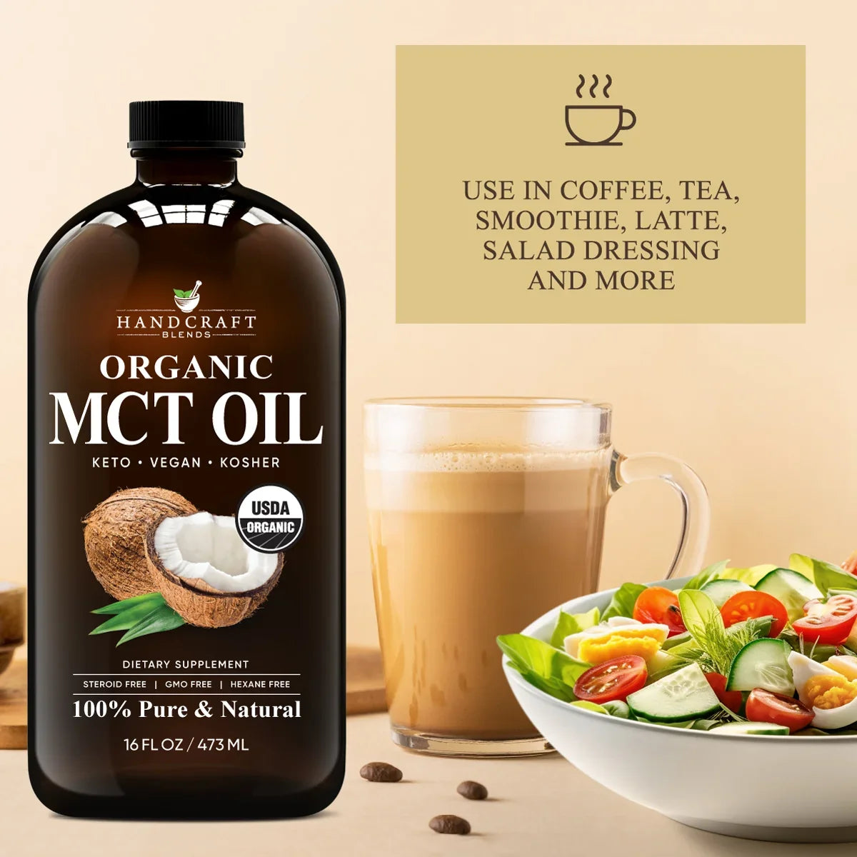 Organic MCT oil bottle with coffee and salad, ideal for keto cooking and healthy recipes